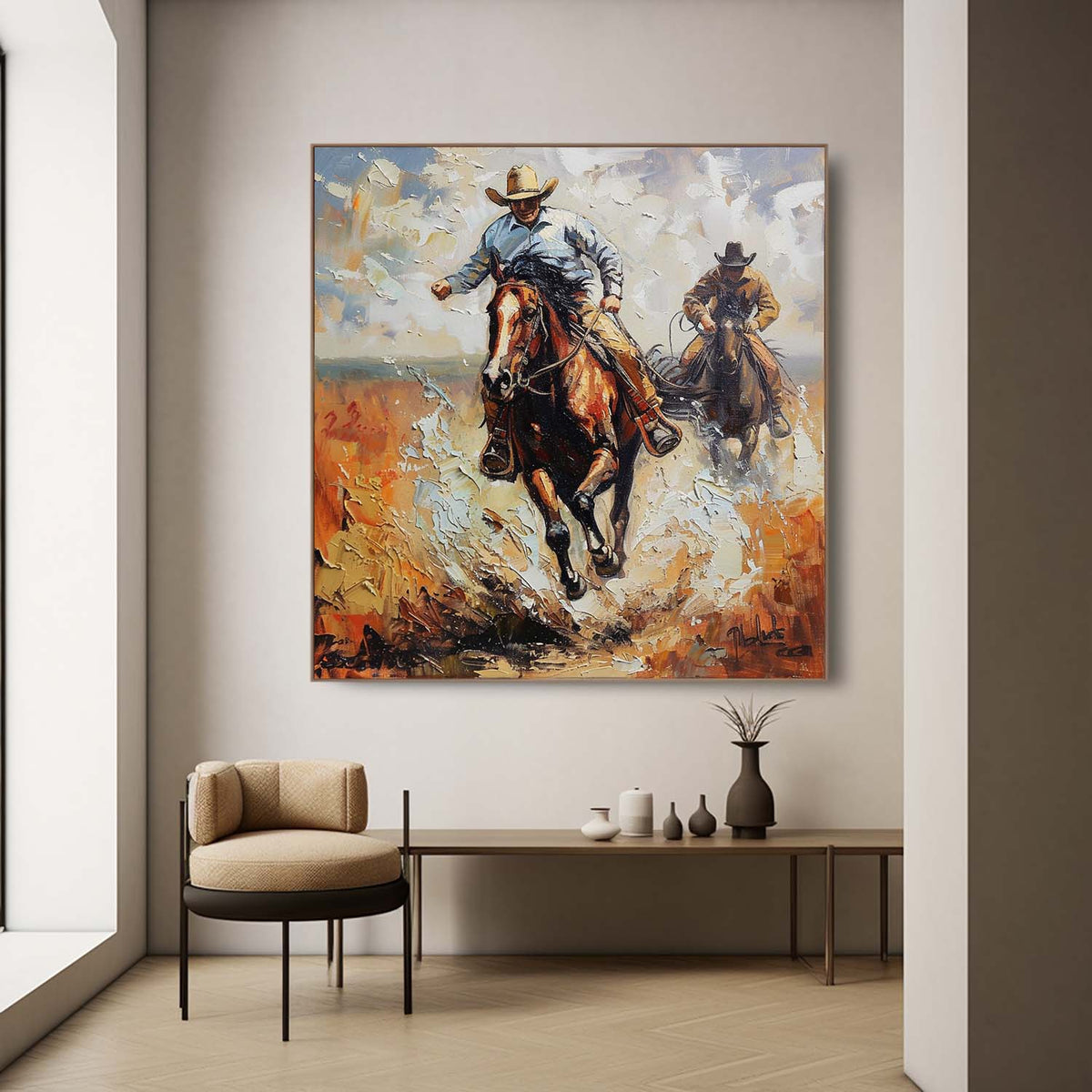 Western Cowboys Riding 3D Impasto Painting