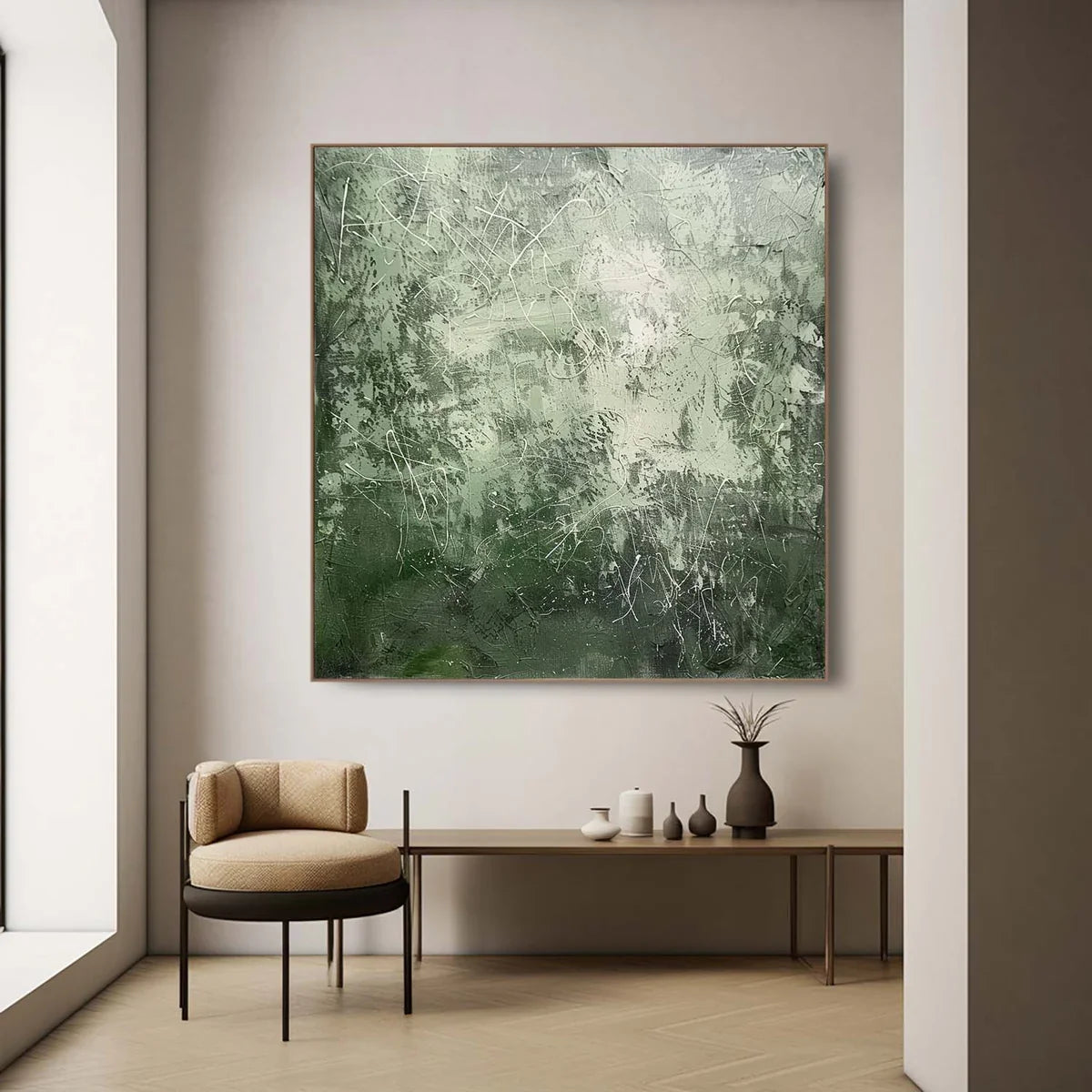 Expressionist Tactile Sage Green Oil Painting White Line Calm