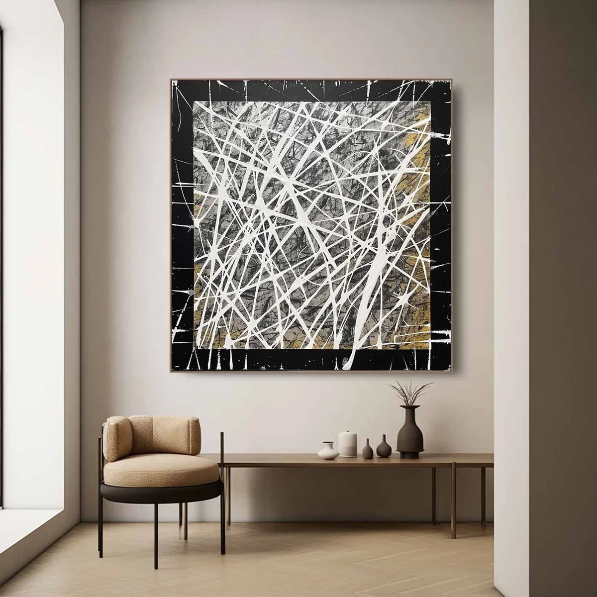 Tactile Black Gold Oil Painting White Web-Lines Textures