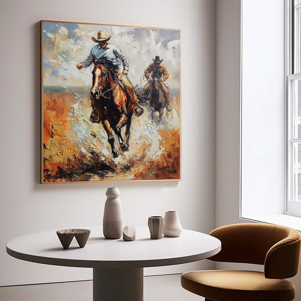 Western Cowboys Riding 3D Impasto Painting