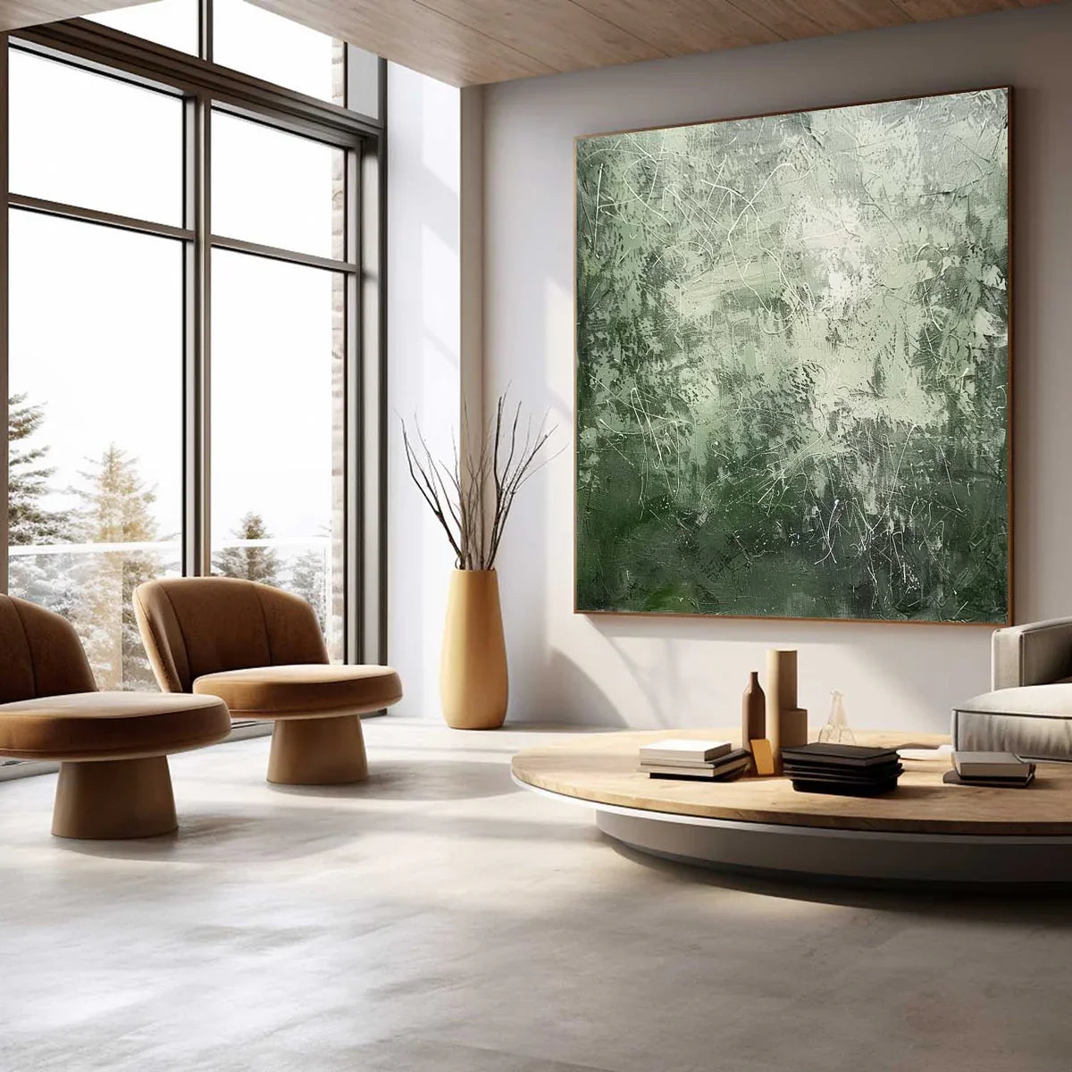 Expressionist Tactile Sage Green Oil Painting White Line Calm
