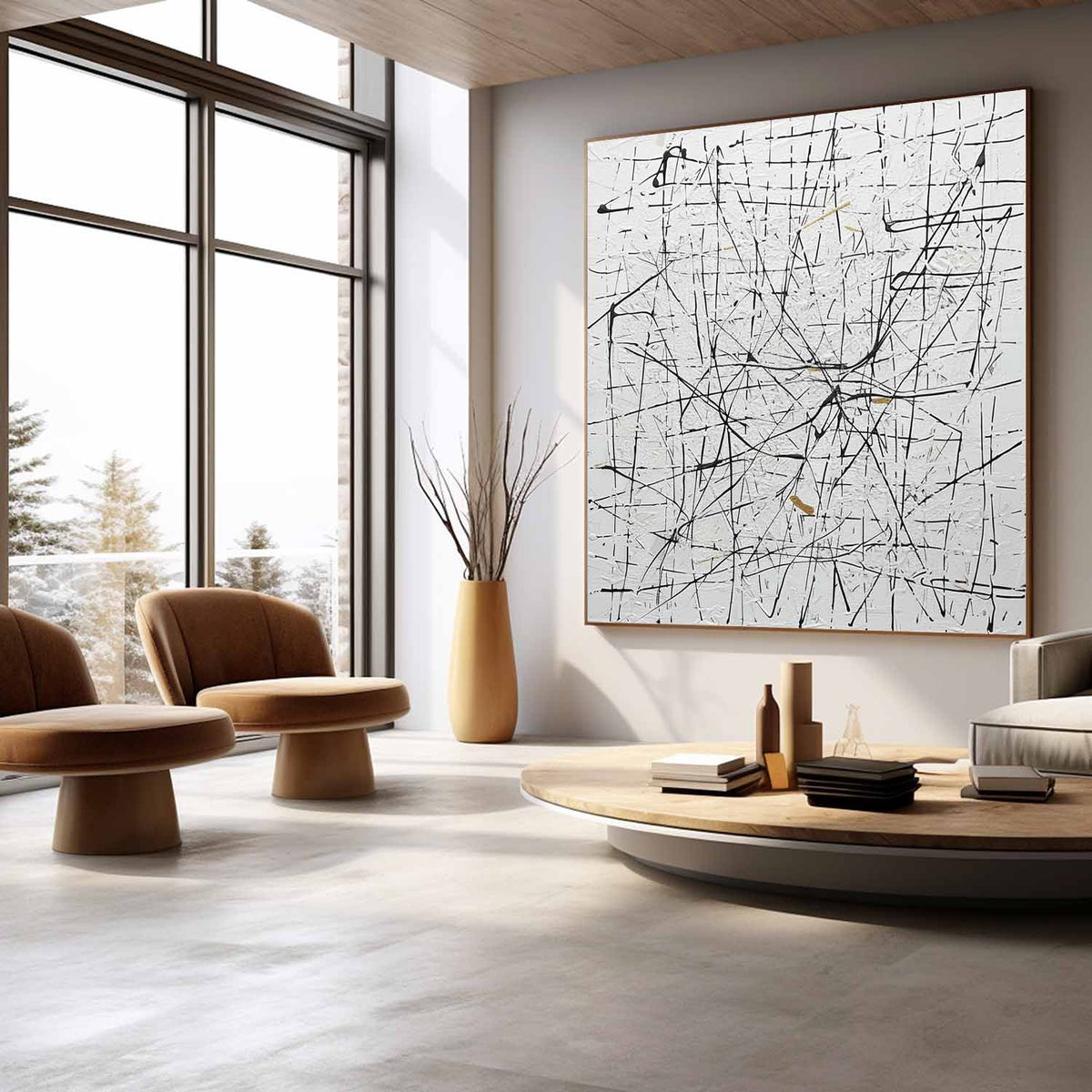 Wall Art Expressionist Minimalist Black White Gold