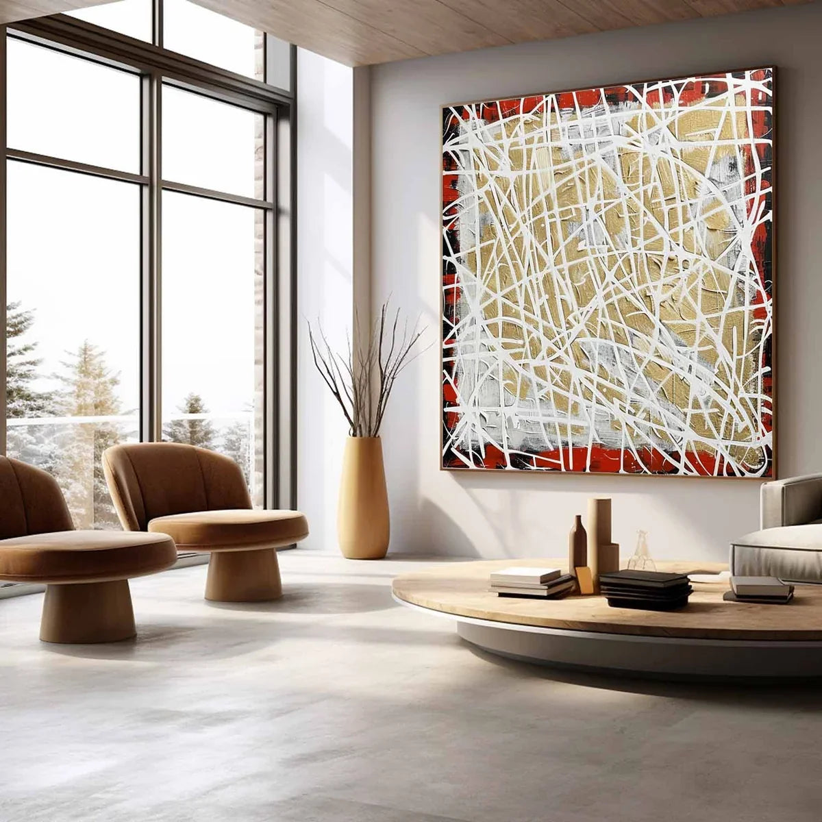 Tactile Red Gold Oil Painting White Web-Lines Luxe