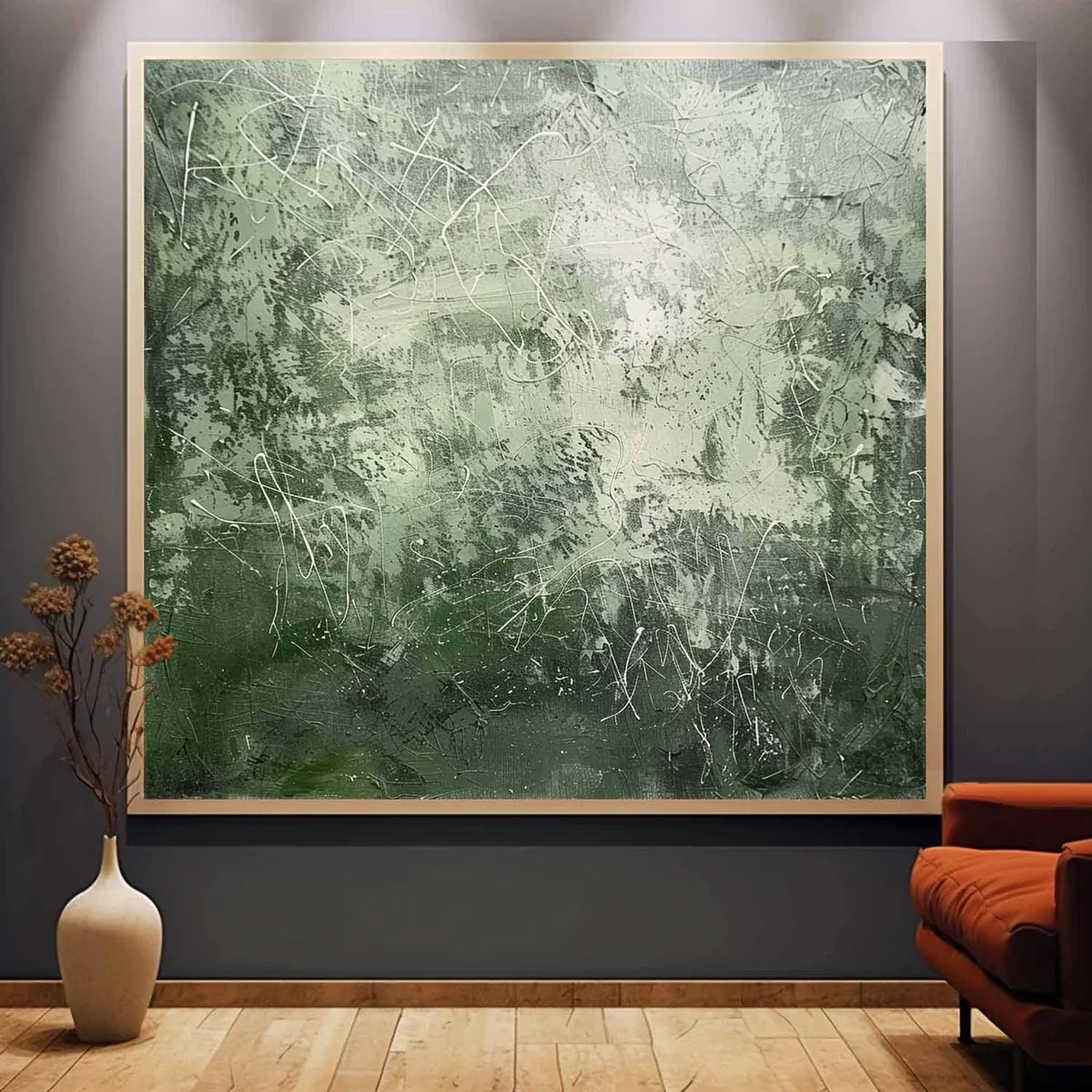 Expressionist Tactile Sage Green Oil Painting White Line Calm