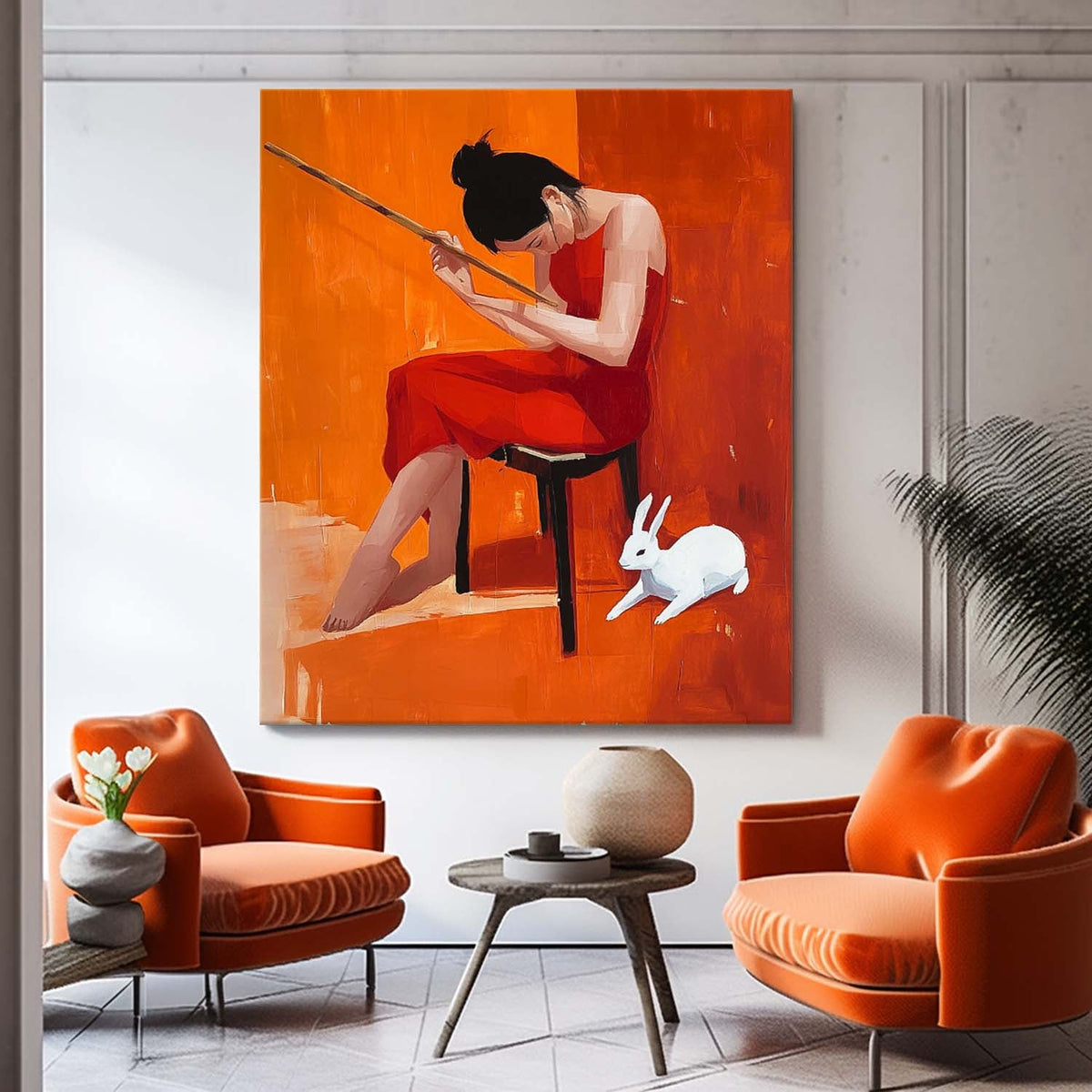 Woman In Red Dress With Rabbit Oil Painting