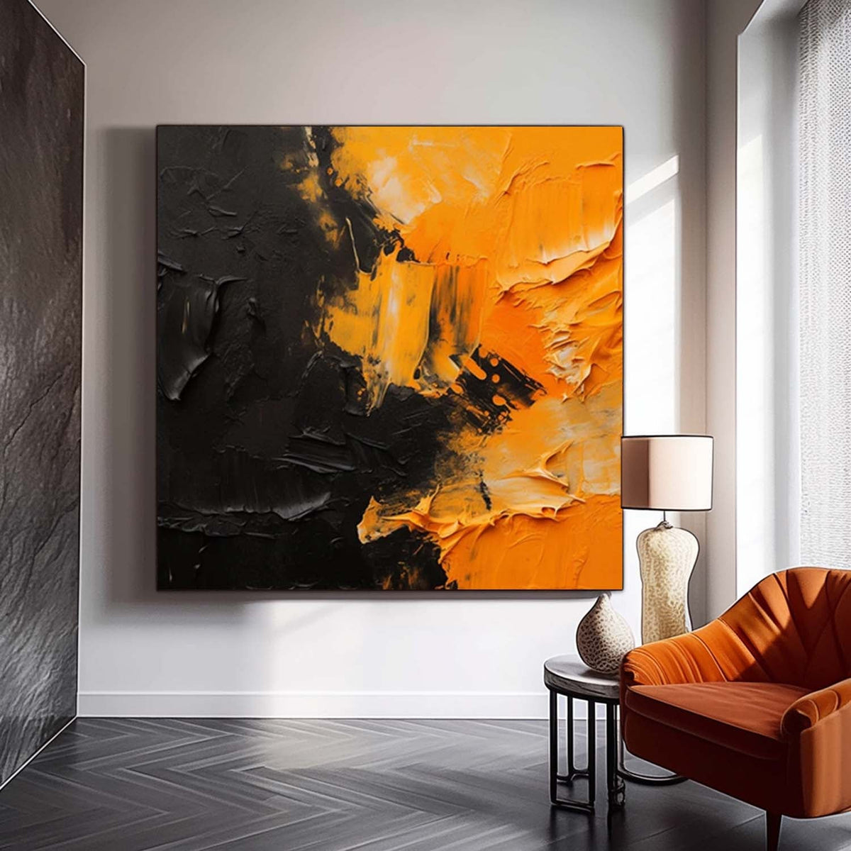Bold Impasto Abstract Oil Painting Orange Black