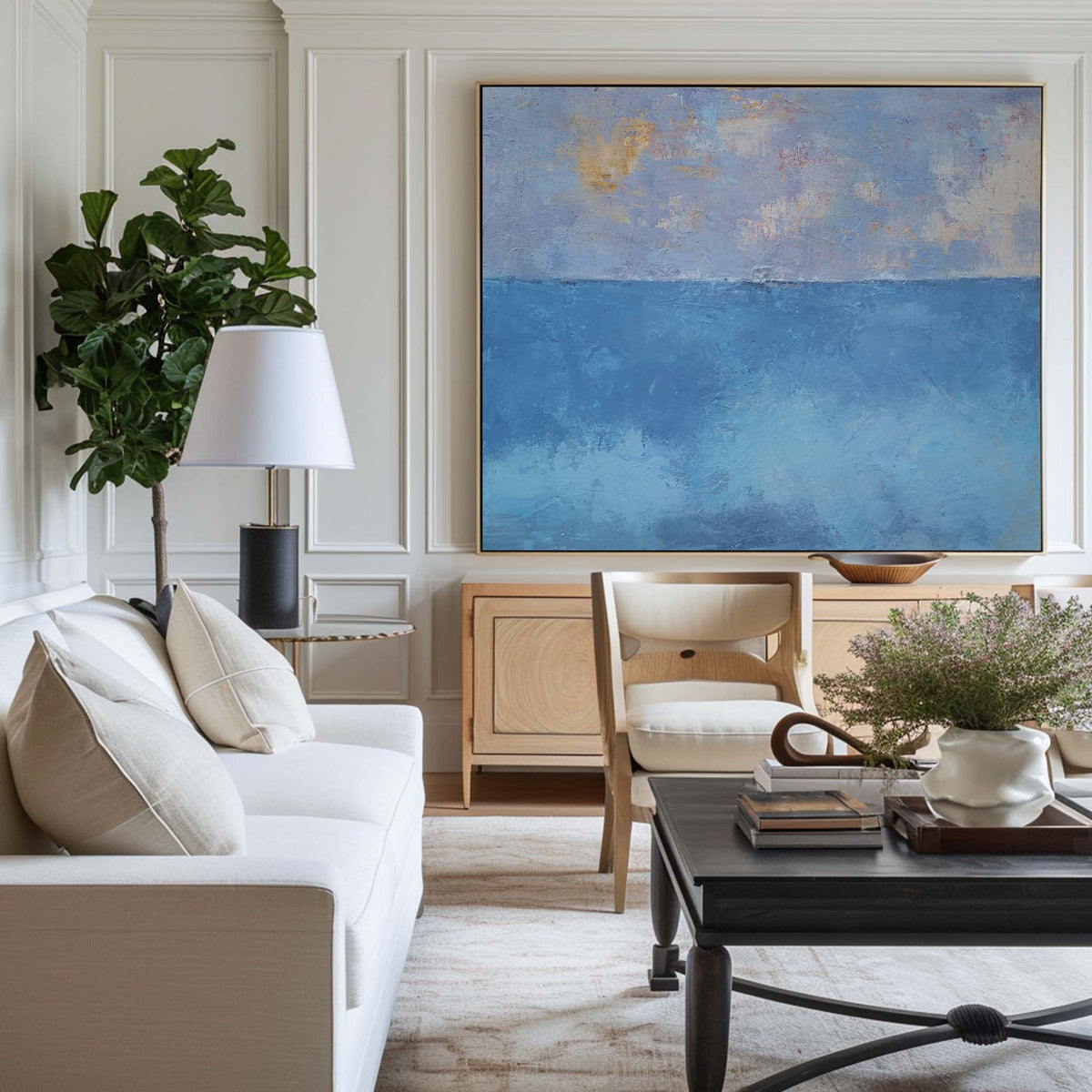 Blue‑Gold Sky‑Ocean Seascape Abstract Thick Tactile‑Texture Artwork