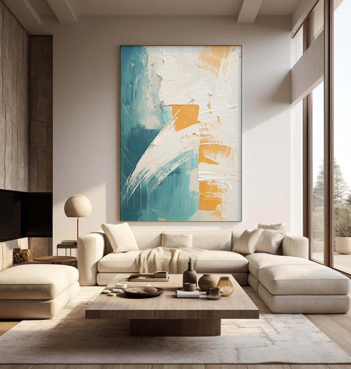 Tactile Impasto Oil Painting Teal White Orange