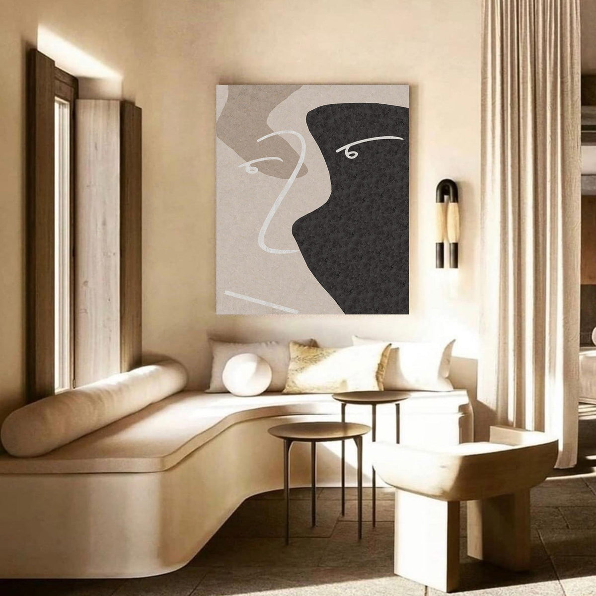 Minimalist Black Beige Abstract Face Silhouette Painting