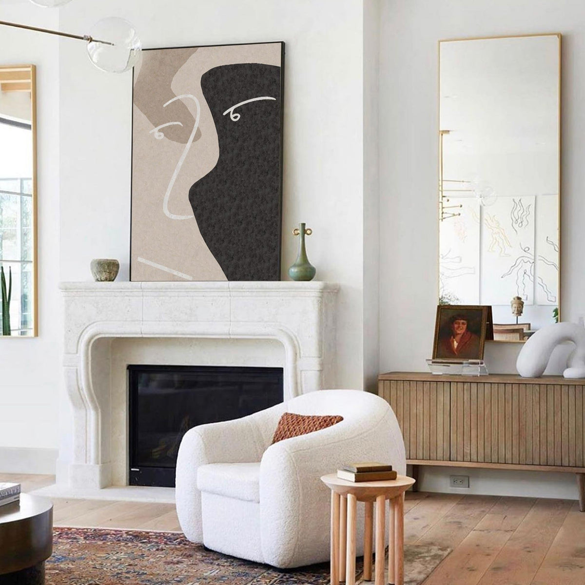 Abstract Black Beige Face Silhouette Minimalist Painting