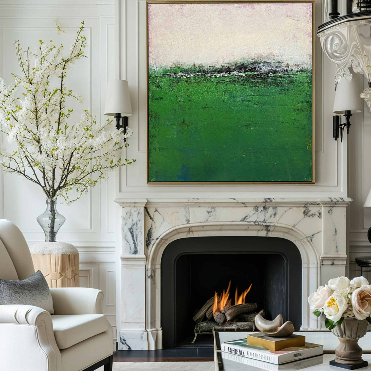 Minimalist Green White Abstract Landscape Oil Painting