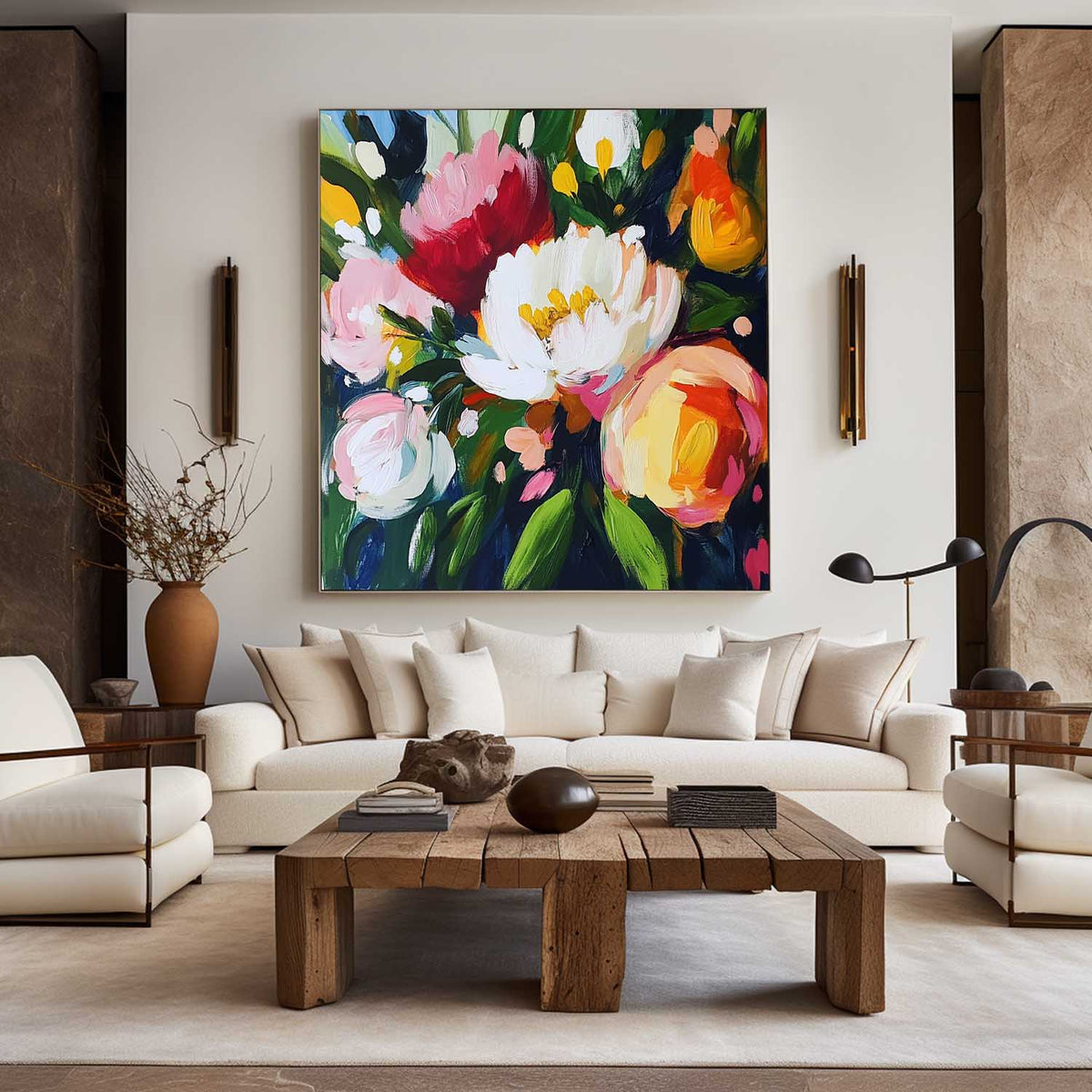 Lush Peony Bouquet Floral Vivid Pigment Thick Impasto Layered Textured Artwork