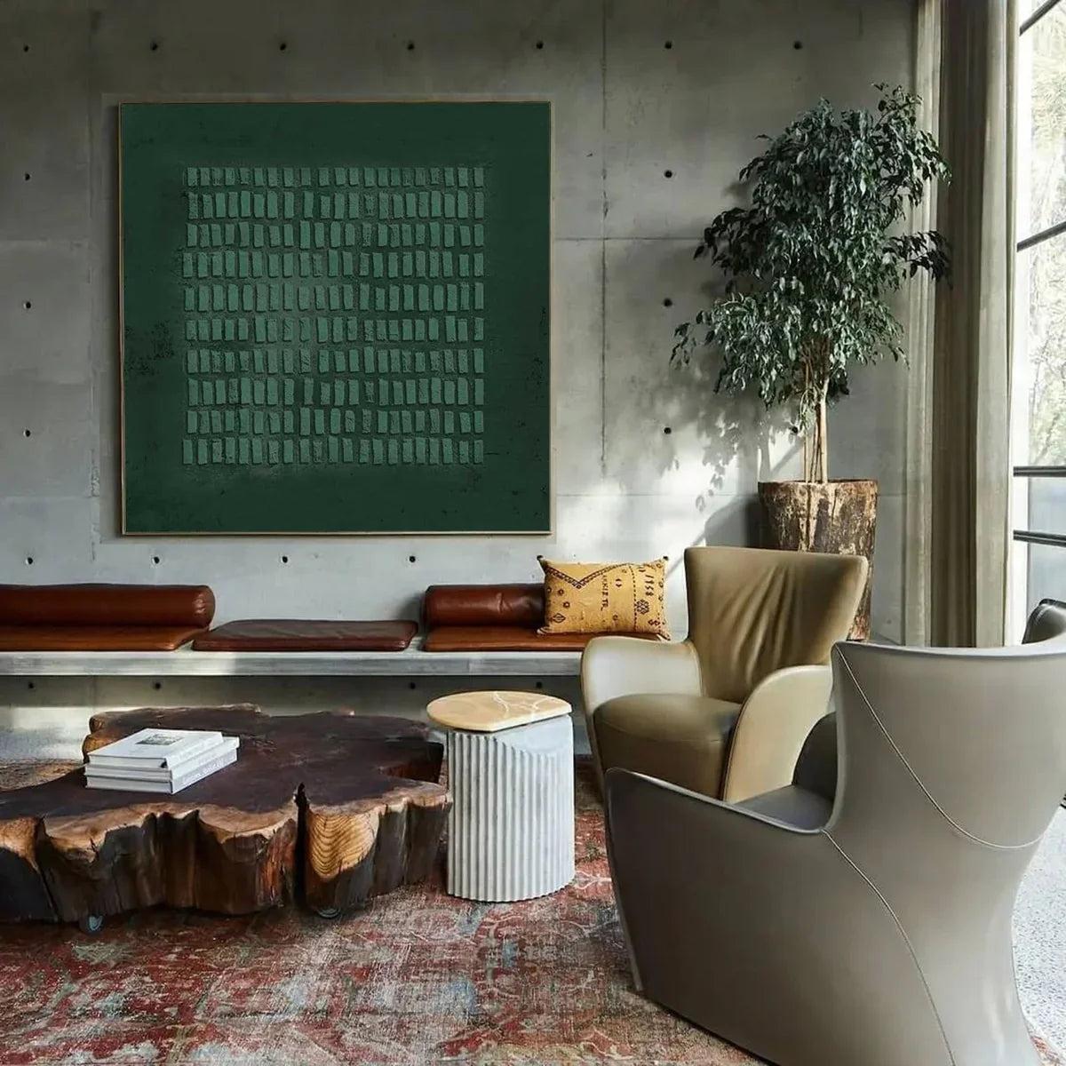 Dark Green Textured Grid Abstract Oil Painting