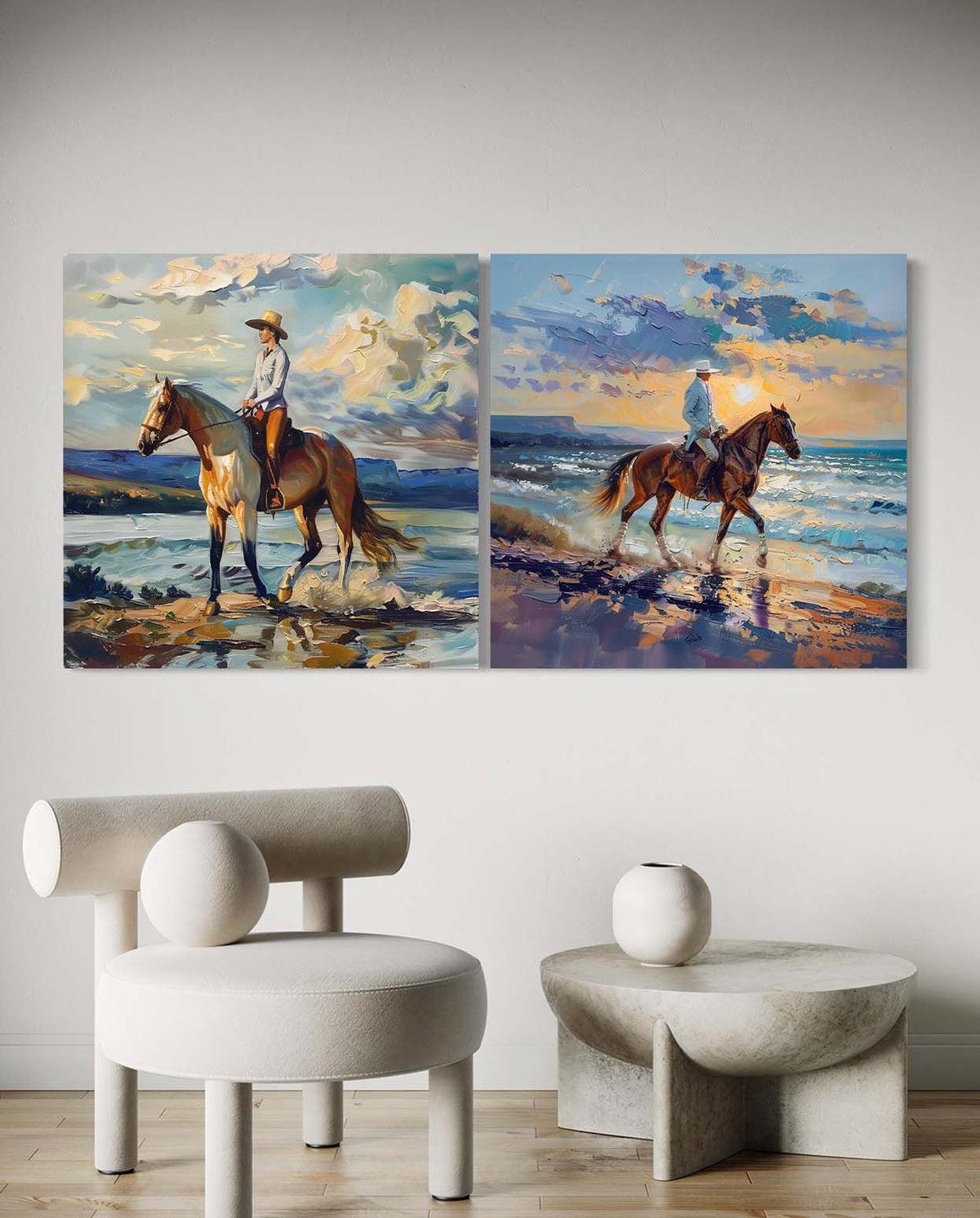 Dual Equestrian Coastal Diptych Vibrant Impasto