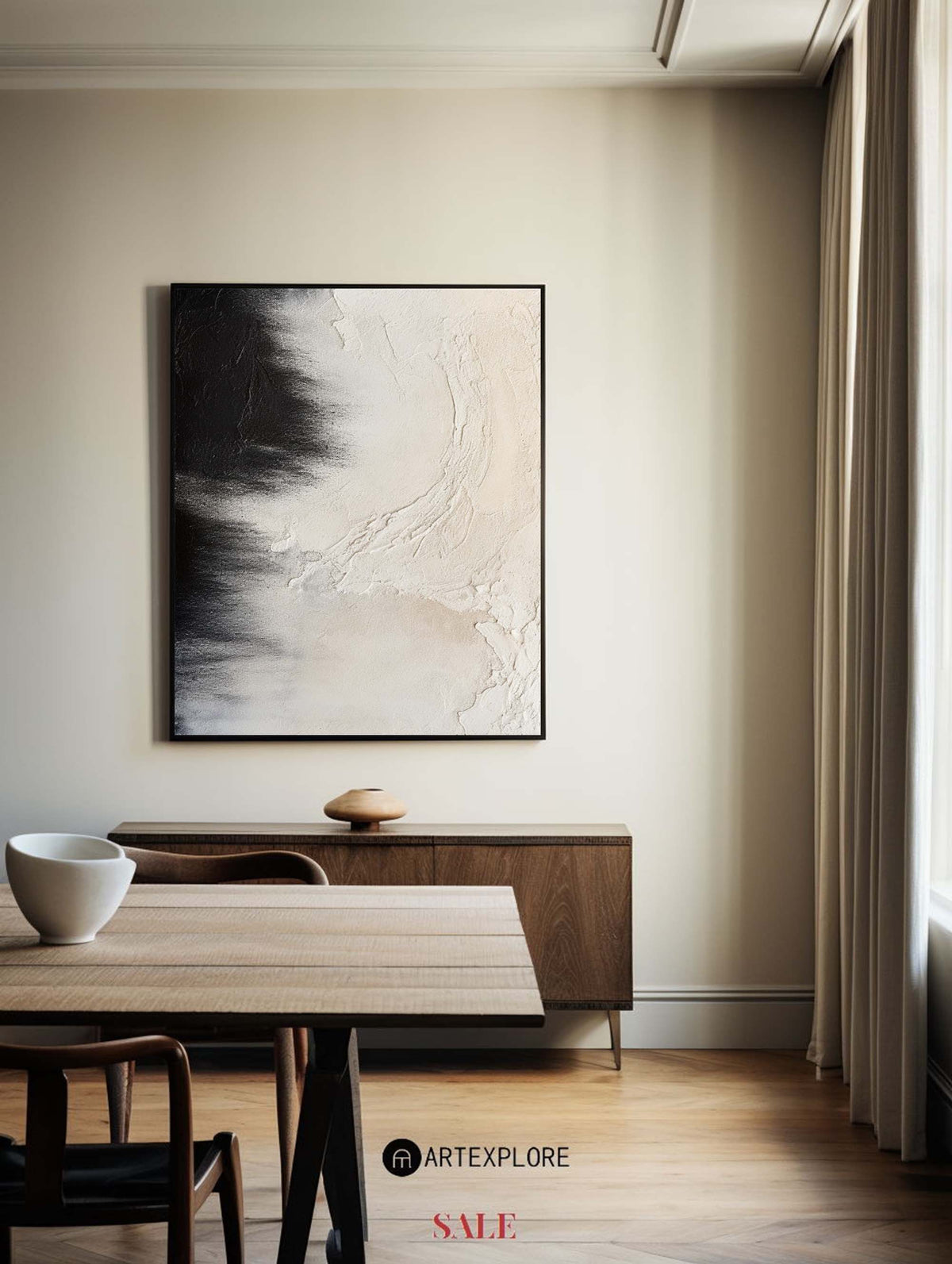 Black Beige Impasto Abstract Canvas Art