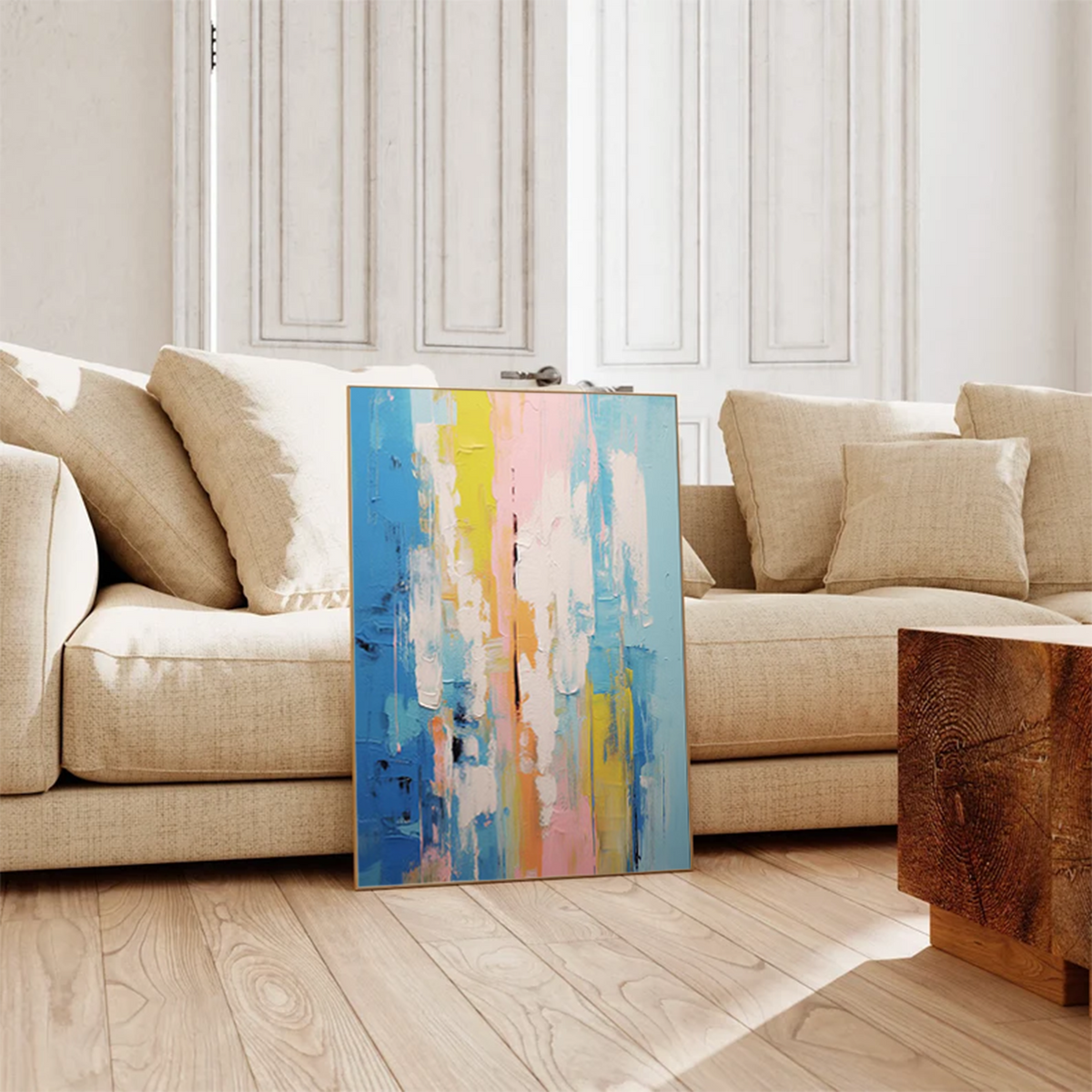 Impasto Vertical Abstract Painting Blue And Pink