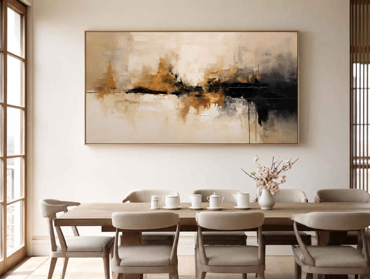 Beige‑Black‑Gold Horizontal Abstract Blended Brush‑Stroke Textured Artwork