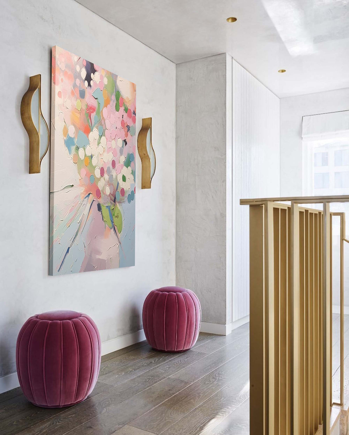 Impasto Textured Floral Vase Painting Soft Pink Wall Art
