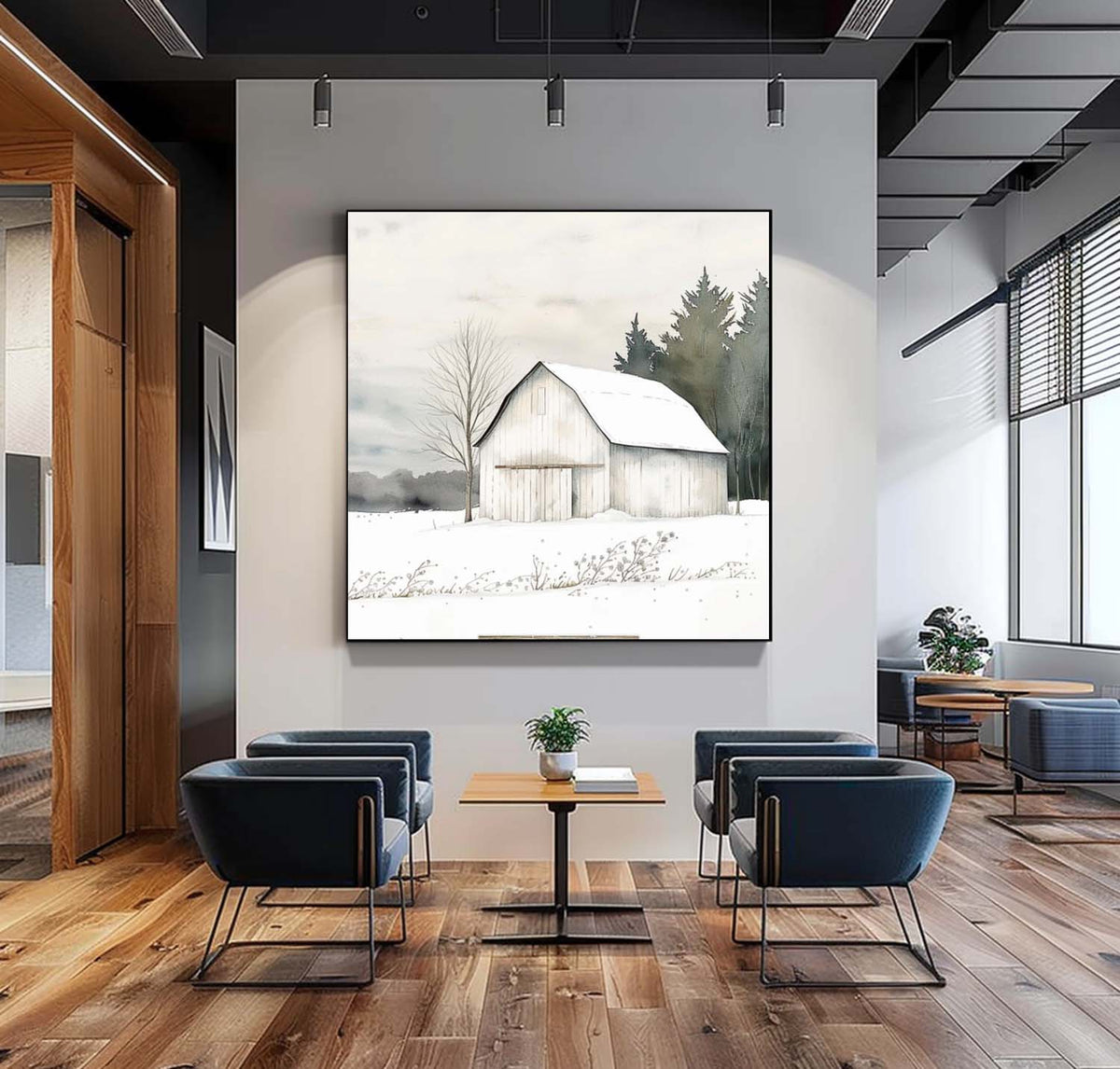 Rustic Winter Barn Watercolor Painting