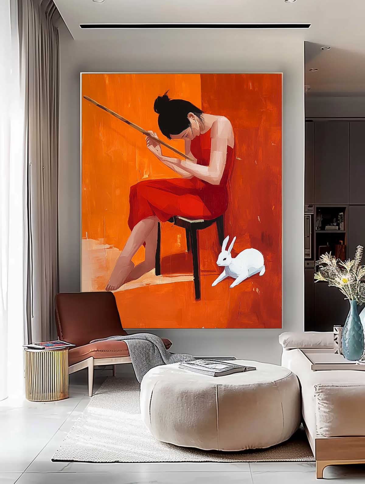 Woman In Red Dress With Rabbit Oil Painting