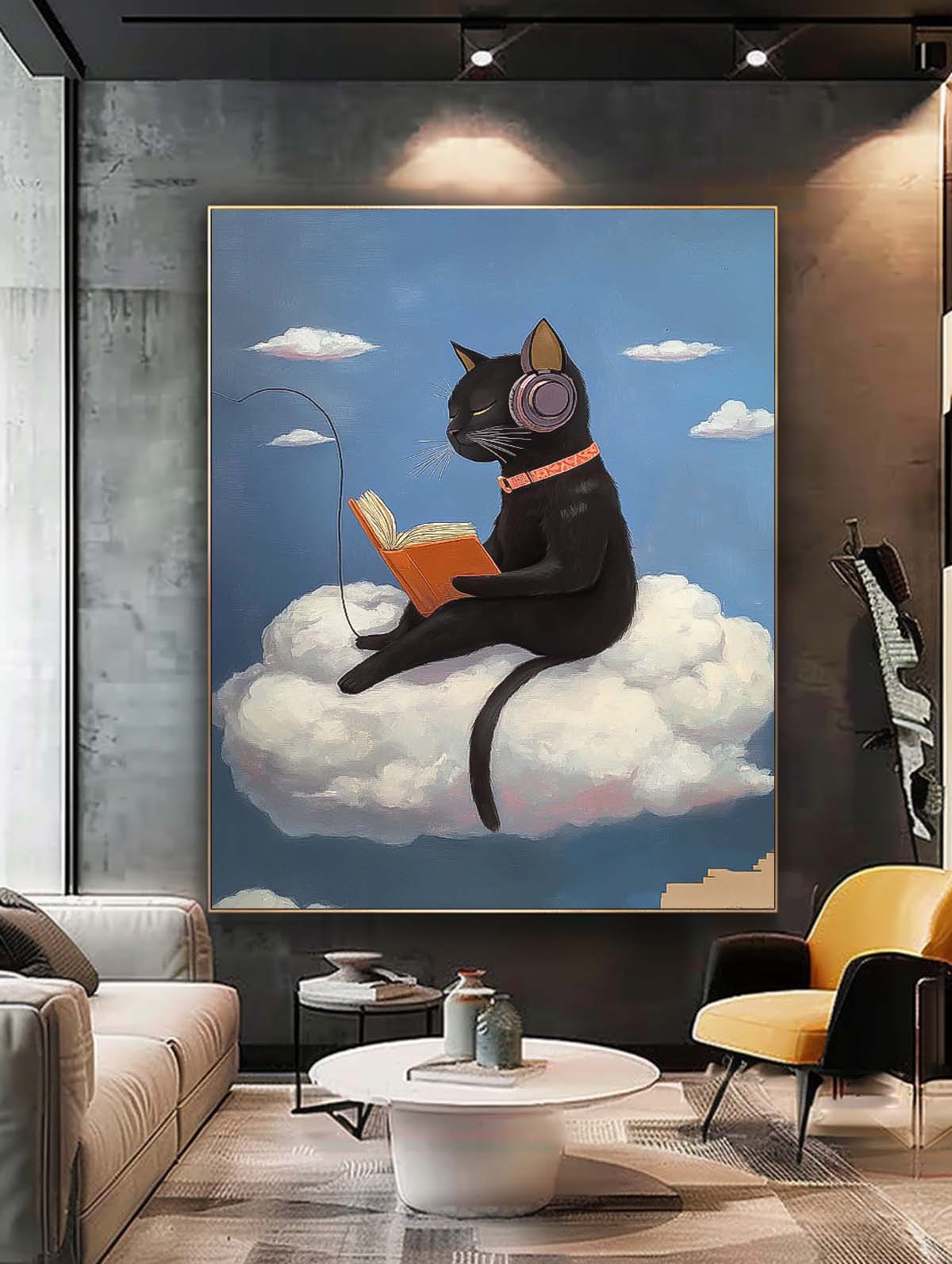 Black Cat Headphones Reading Cloud Painting