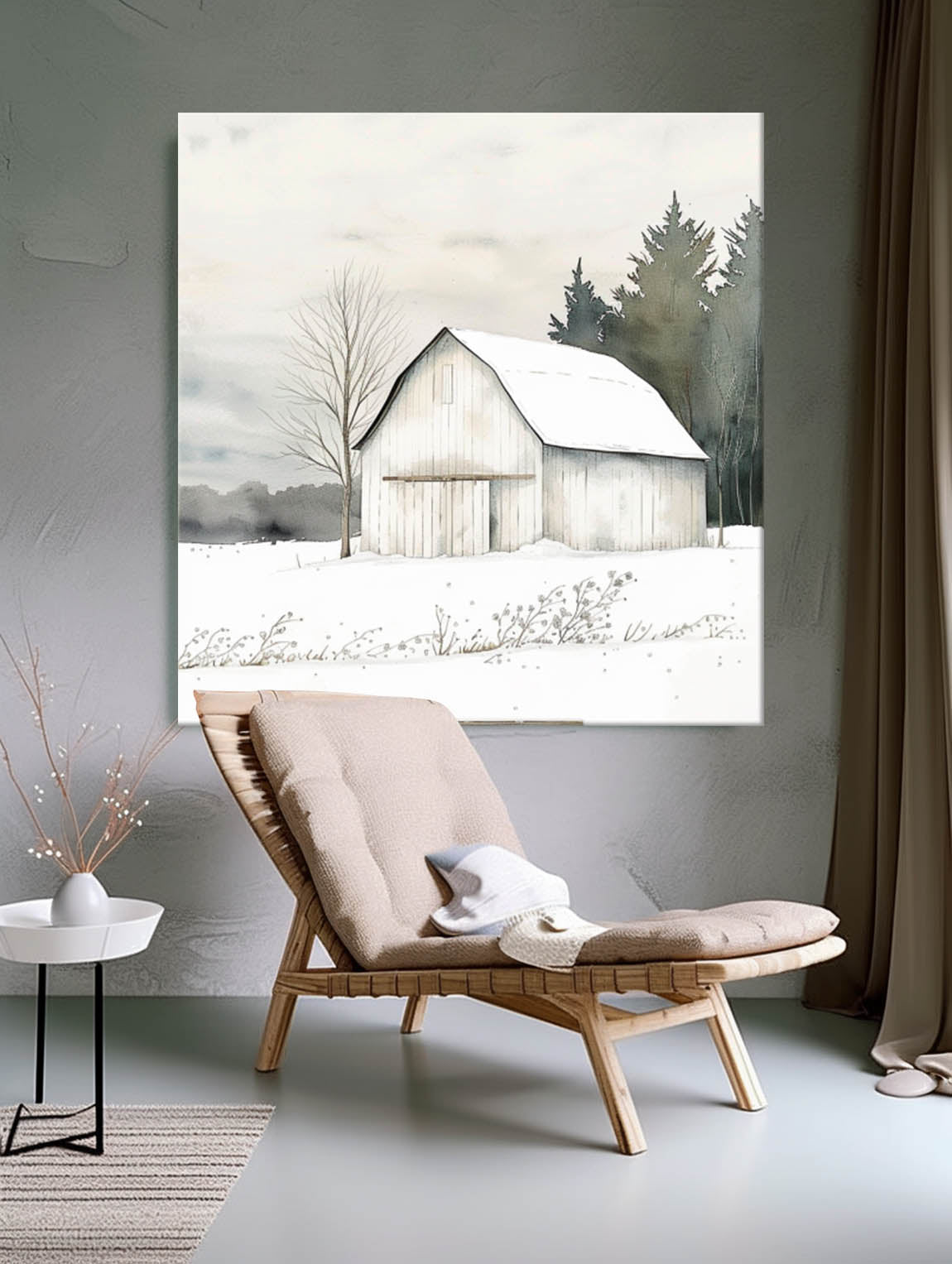 Rustic Winter Barn Watercolor Painting