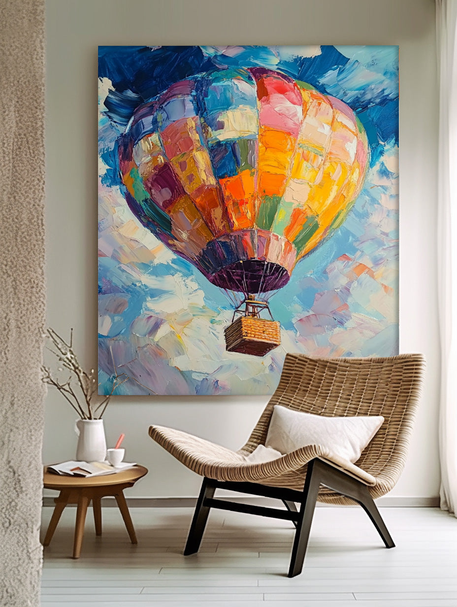 Vibrant Colorful Hot Air Balloon Impasto Oil Painting