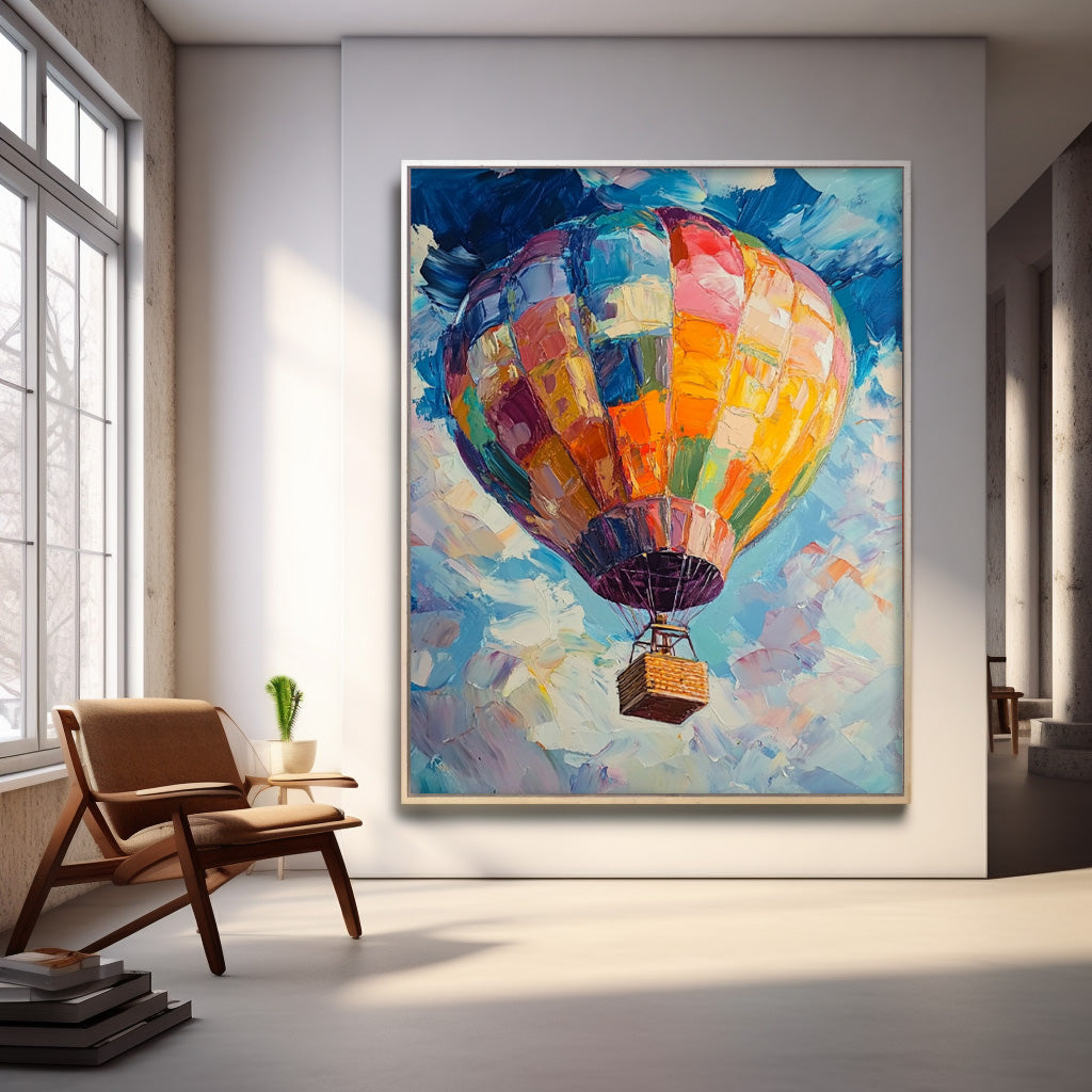 Vibrant Colorful Hot Air Balloon Impasto Oil Painting