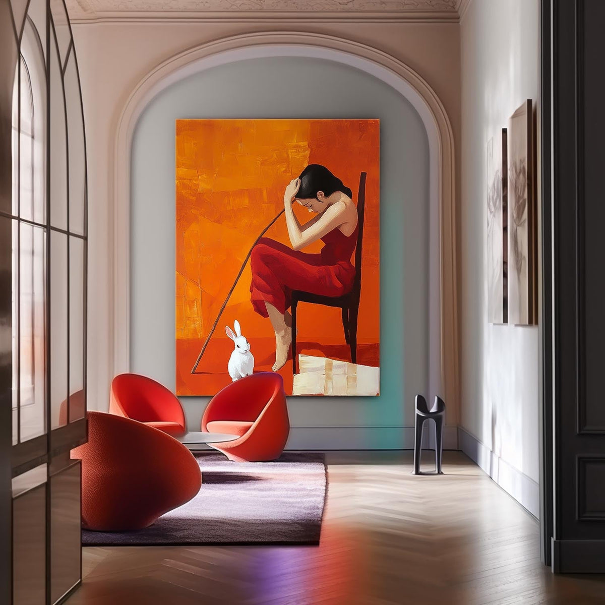 Contemplative Woman Red Dress Rabbit Oil Painting