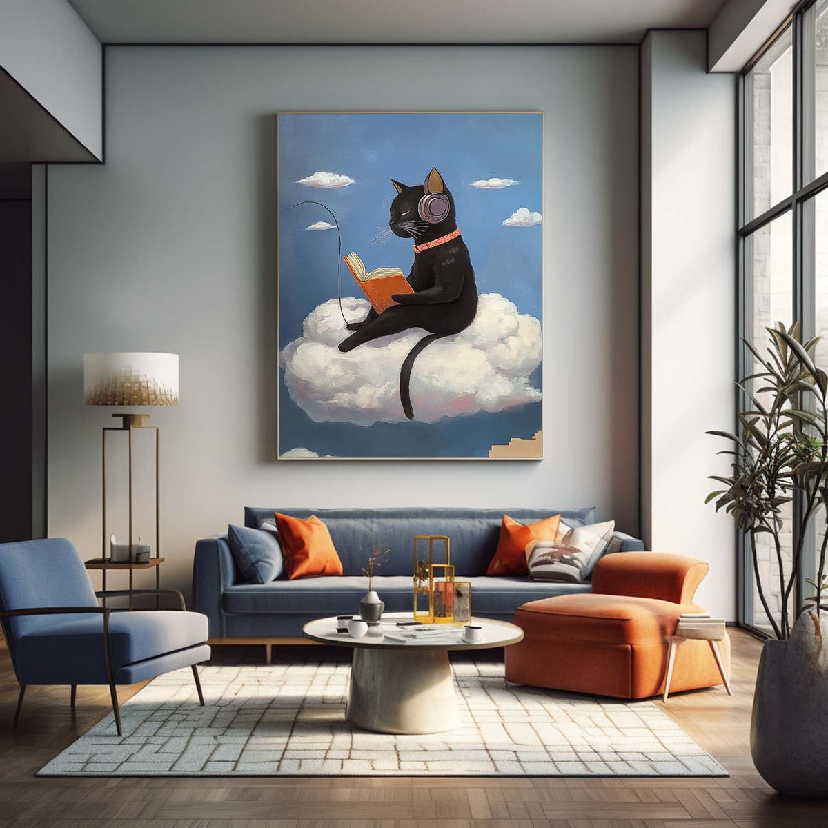 Black Cat Headphones Reading Cloud Painting