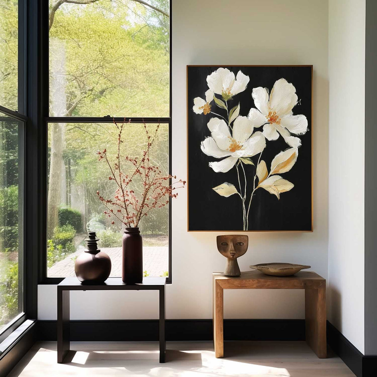 White Floral Oil Painting Contrast Black Background