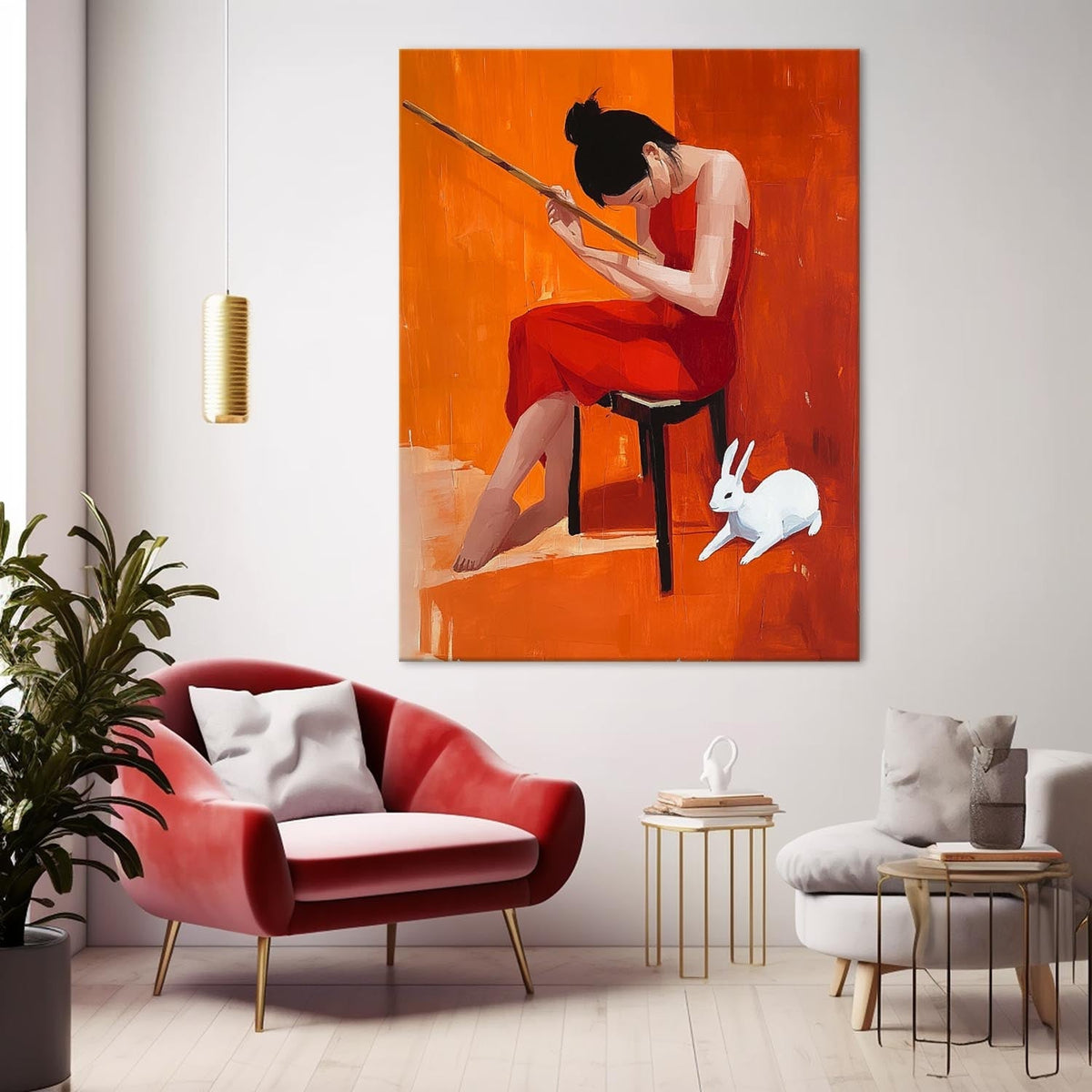 Woman In Red Dress With Rabbit Oil Painting