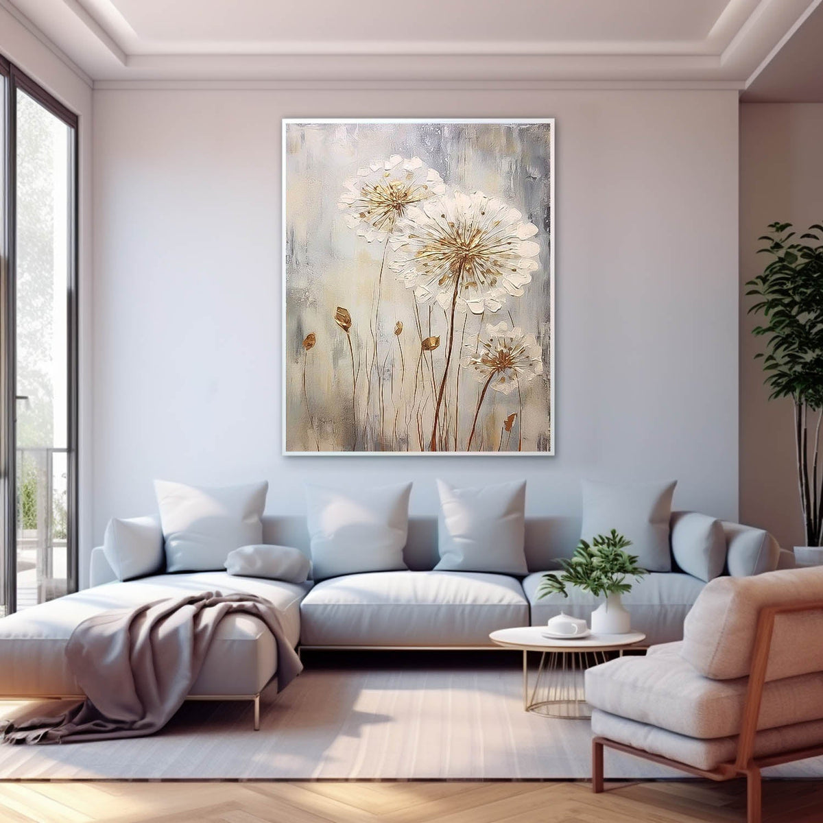 Wall Art Impasto White Golden Dandelion