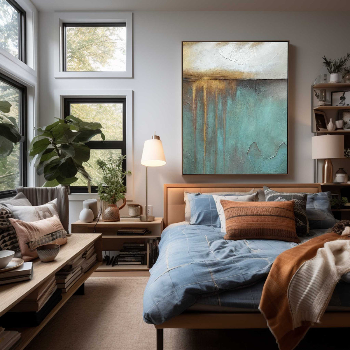 Wabi-Sabi Textured Abstract Painting Teal & Gold