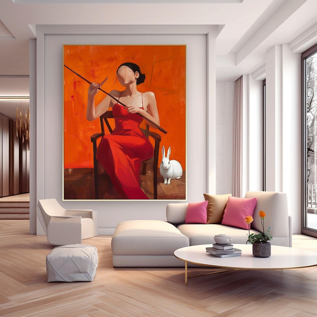 Faceless Woman In Red Dress Rabbit Oil Painting