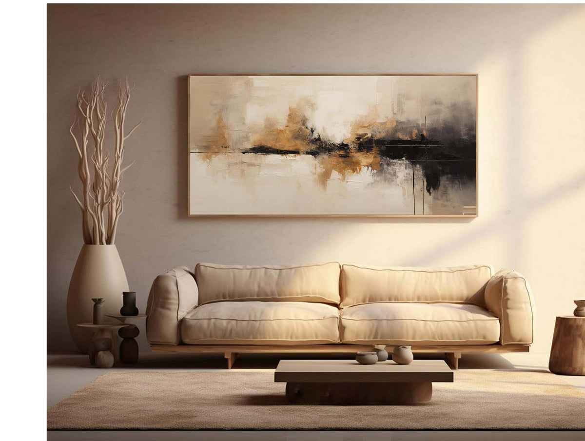 Beige‑Black‑Gold Horizontal Abstract Blended Brush‑Stroke Textured Artwork