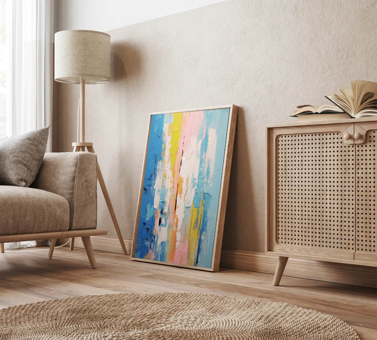 Impasto Vertical Abstract Painting Blue And Pink