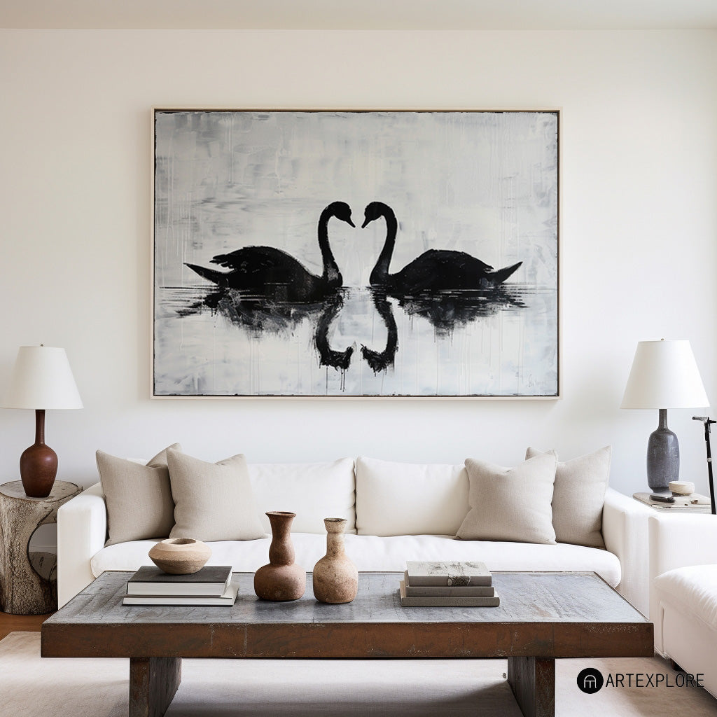 Monochrome Twin Swans Reflection‑Theme Minimalist Abstract Brush‑Textured Artwork