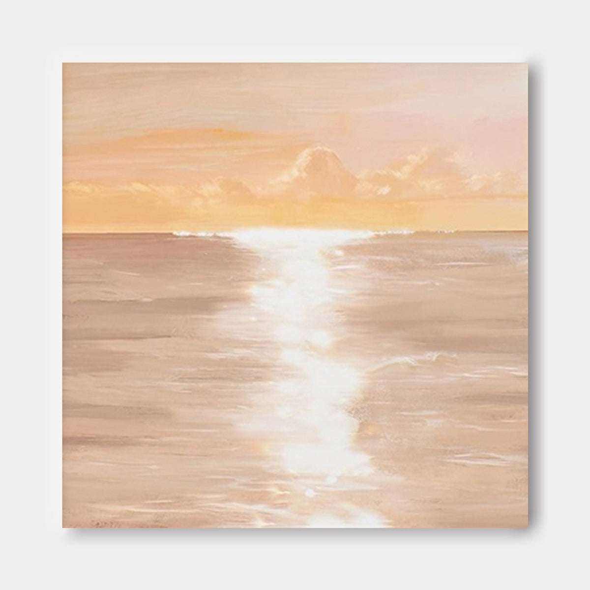 Serene Coastal Sunset Oil Painting Soft Peach