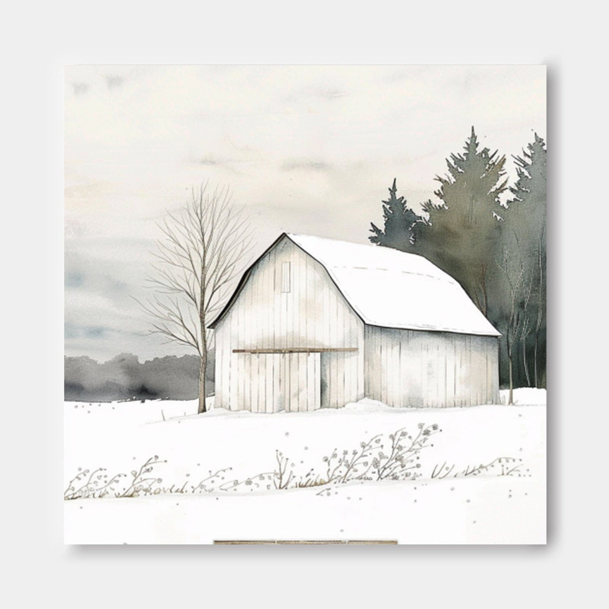 Rustic Winter Barn Watercolor Painting