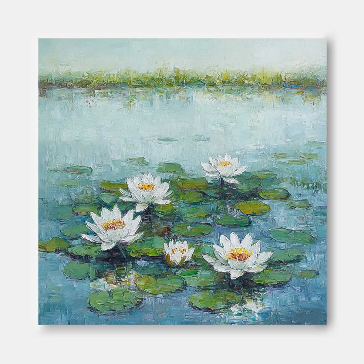 Impasto Water Lily Painting Serene Blue Green Wall Art