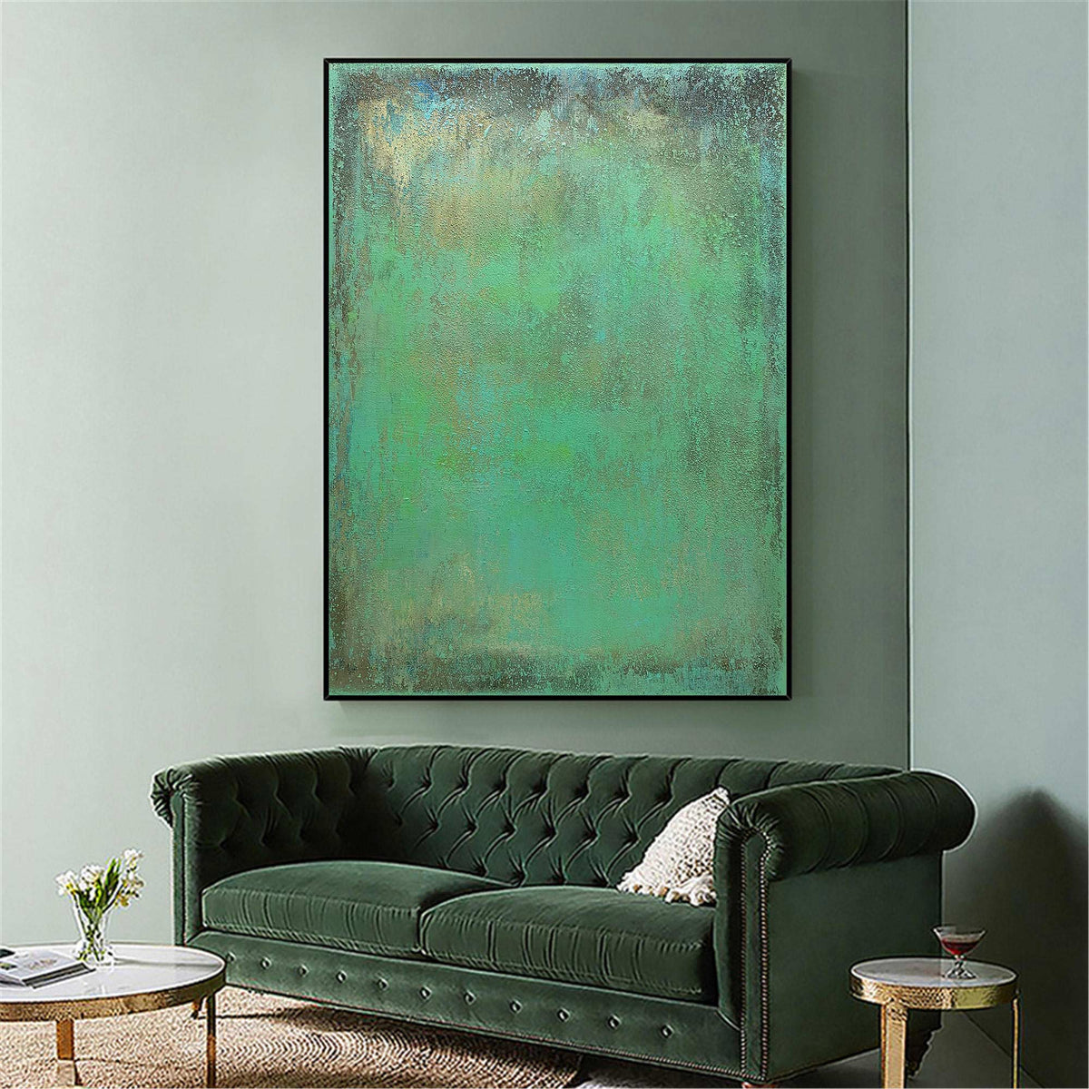 Muted‑Green Gold‑Fleck Vertical Textured‑Wash Impasto Artwork