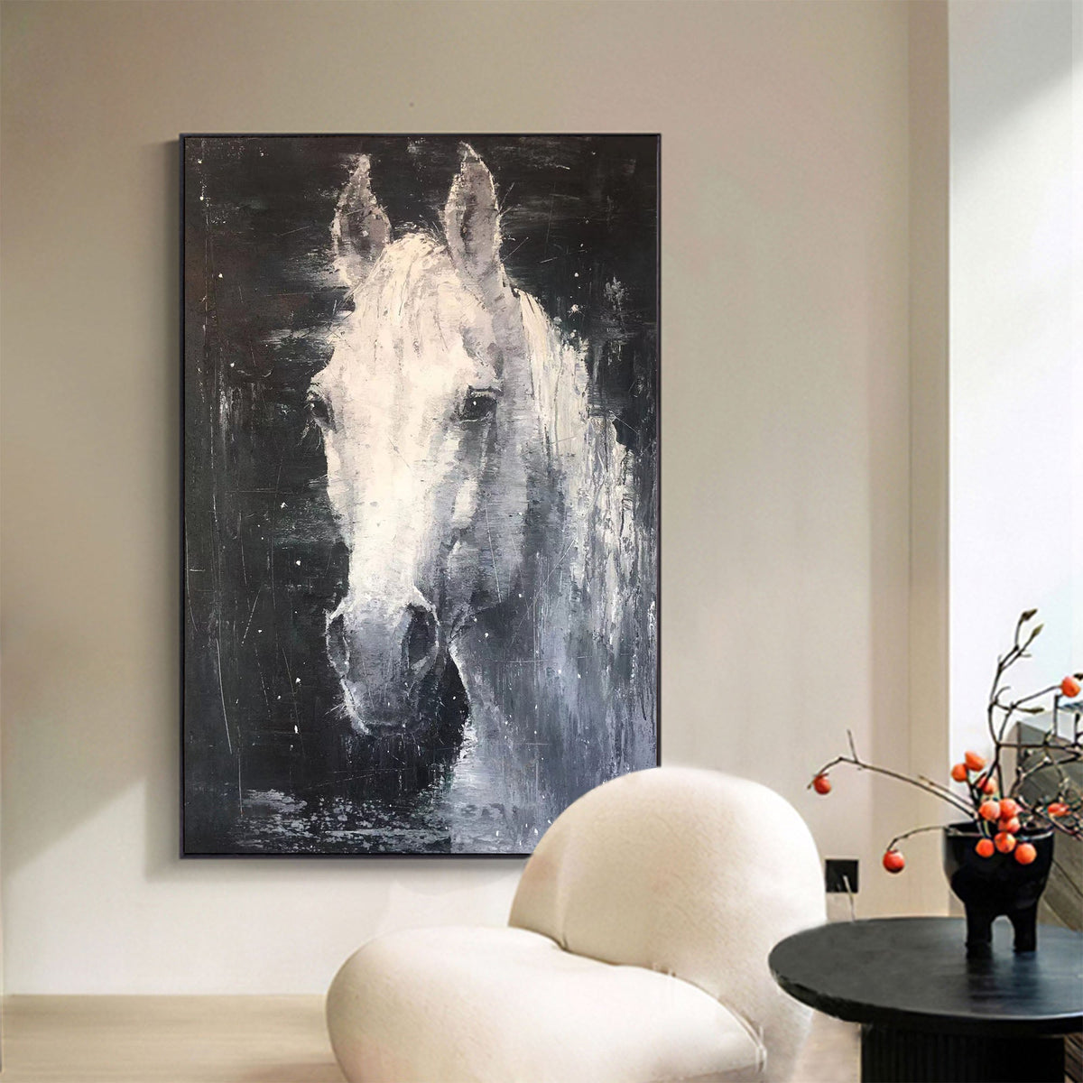 Nocturnal White Horse Portrait Painting