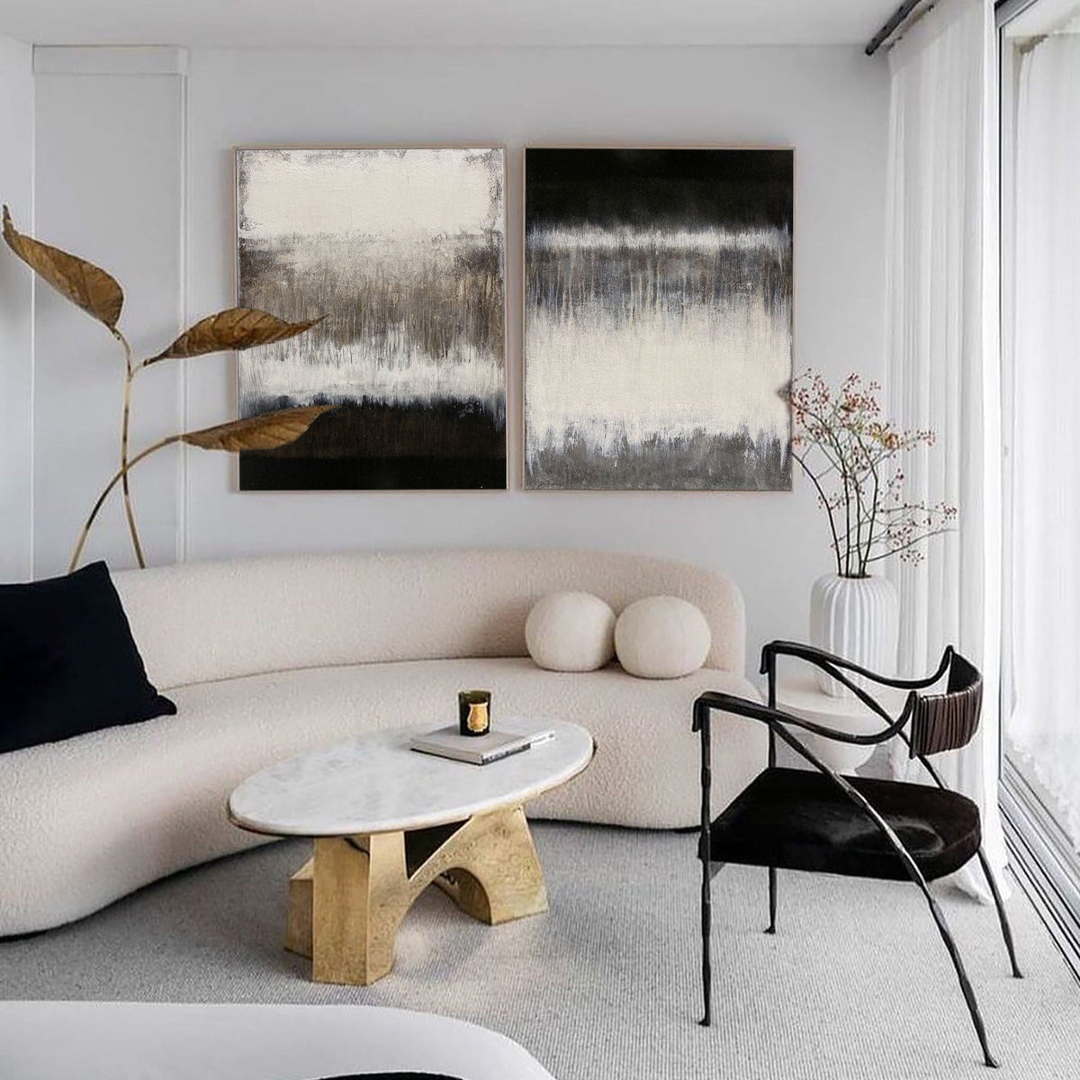 Black‑White‑Taupe Vertical 2‑Panel Gradient‑Textured Artwork