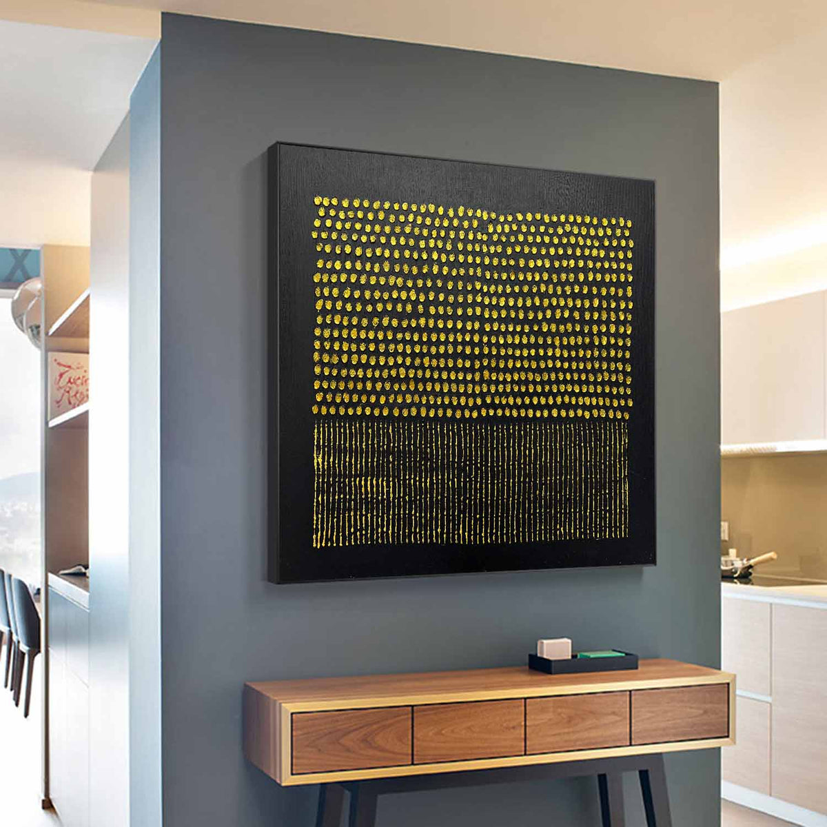 Tactile Gold Dot & Line Oil Painting Black Background