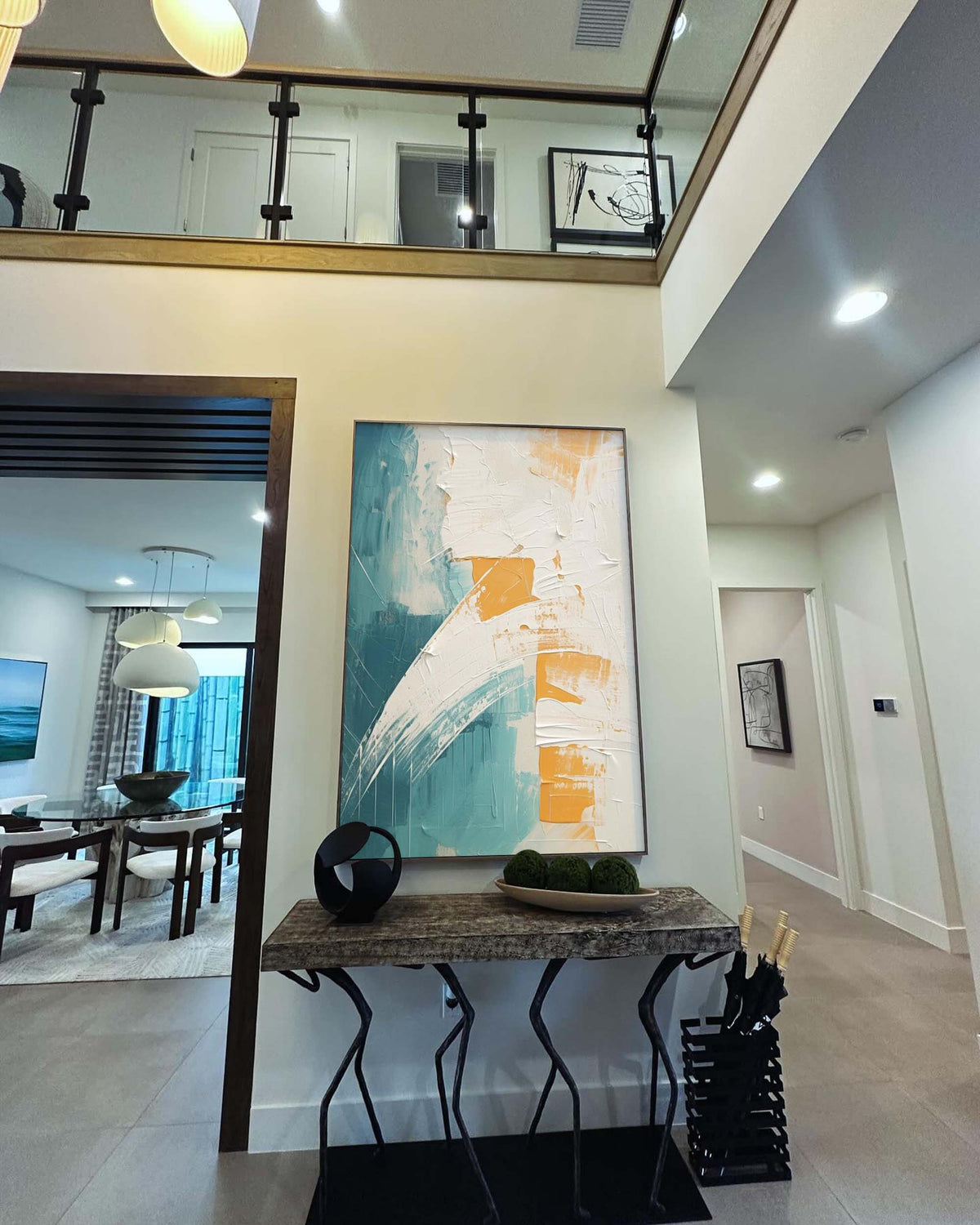 Tactile Impasto Oil Painting Teal White Orange