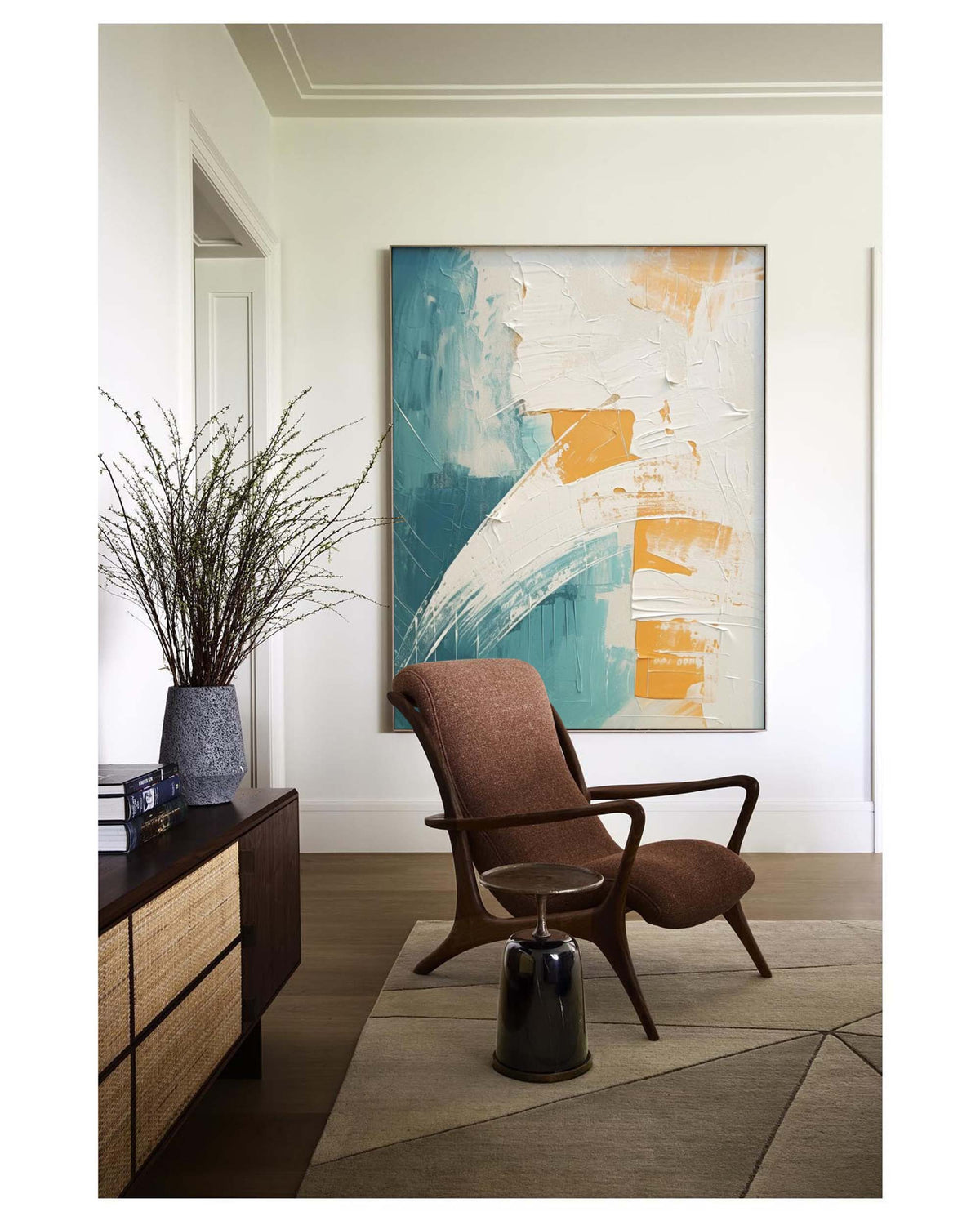 Tactile Impasto Oil Painting Teal White Orange