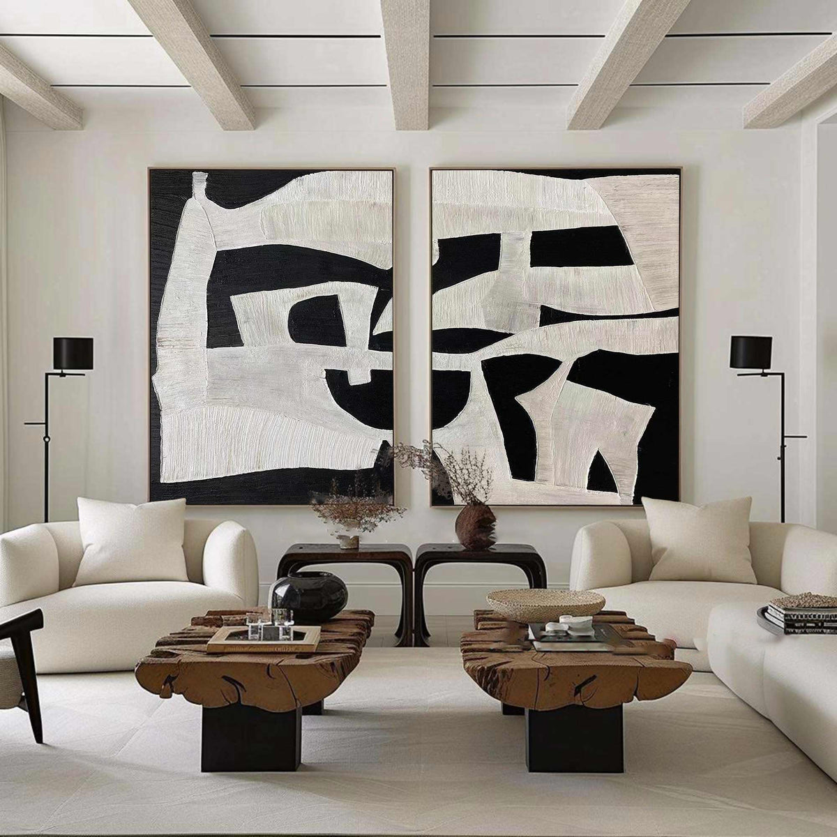 Wall Art Black White Abstract Minimalist Textured Diptych Living Room