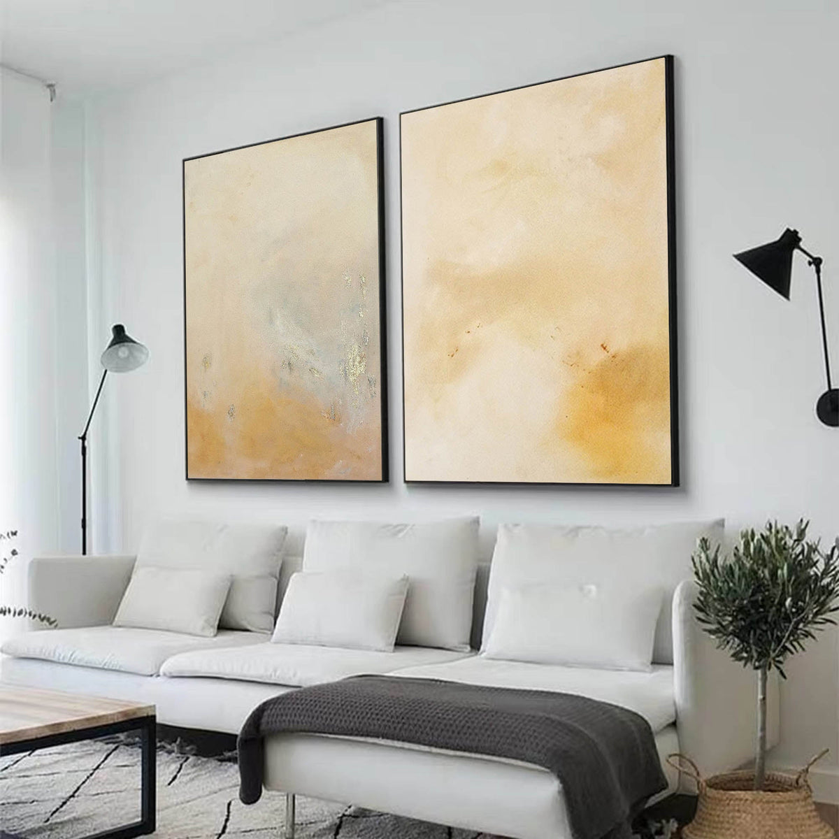 Minimalist Diptych Wall Art Warm Neutrals Gold Leaf