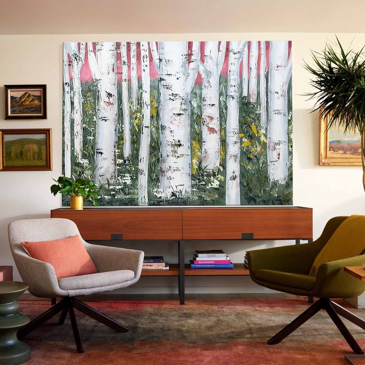 Wall Art Birch Forest Pink Sky Impressionist